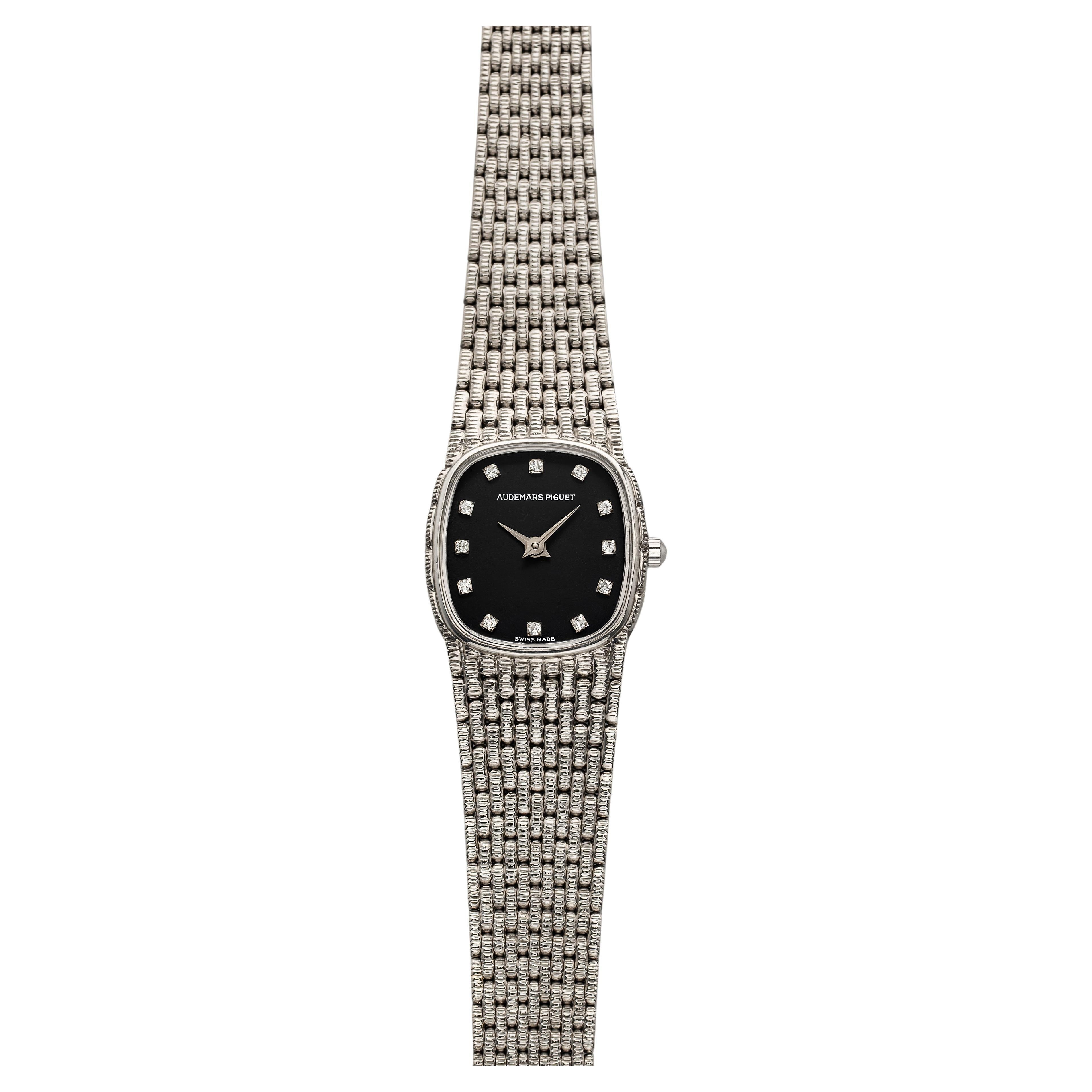 Vintage 1980s Audemars Piguet Bamboo 18K White Gold Quartz Pavé Diamond ...