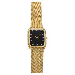 Vintage 1980s Audemars Piguet Yellow Gold Rectangular Manual Onyx Diamond 22mm