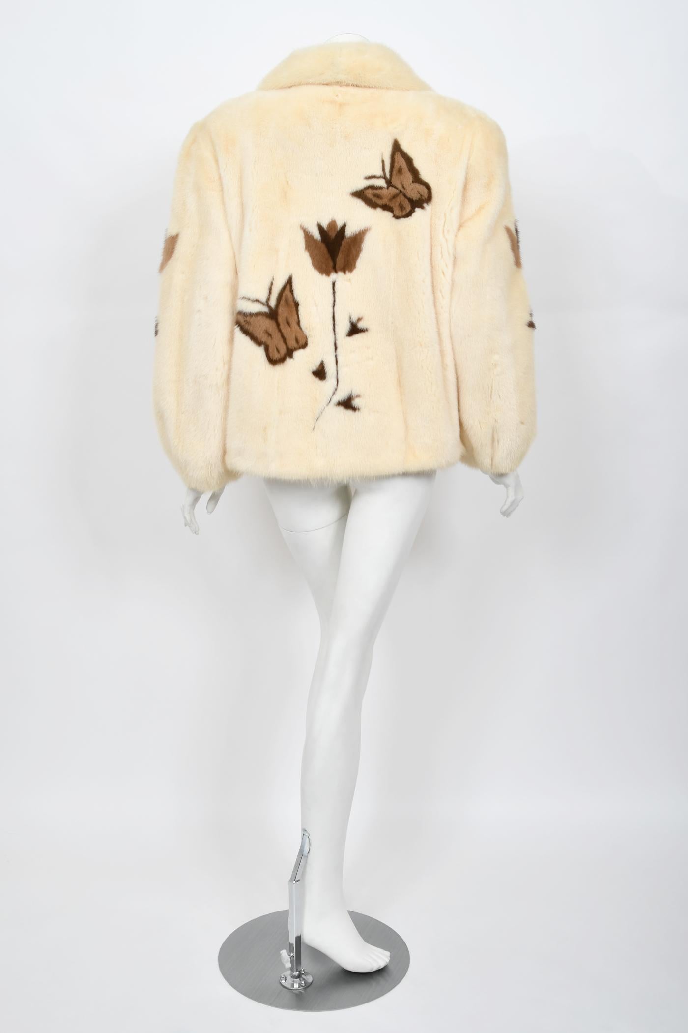 Veste en fourrure de vison imprimée « papillons et fleurs » Balenciaga Couture des années 1980 en vente 9