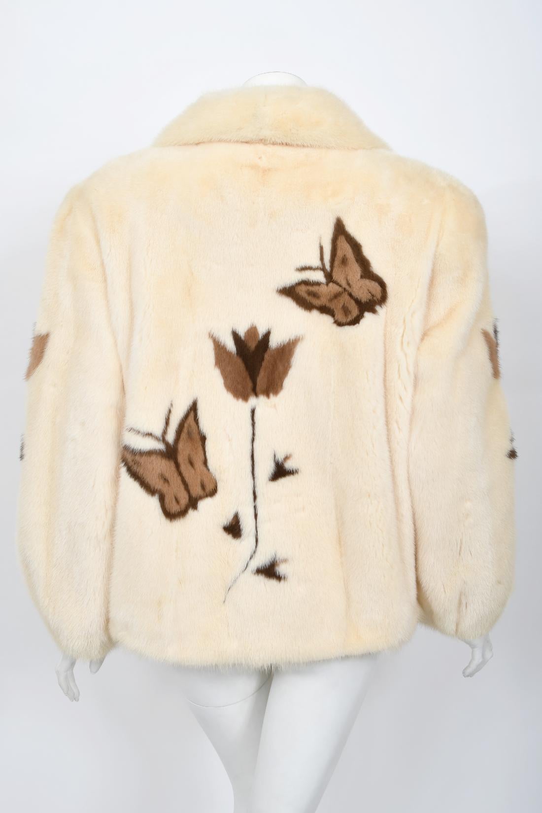 Vintage 1980s Balenciaga Couture 'Butterflies & Flowers' Printed Mink Fur Jacket For Sale 11