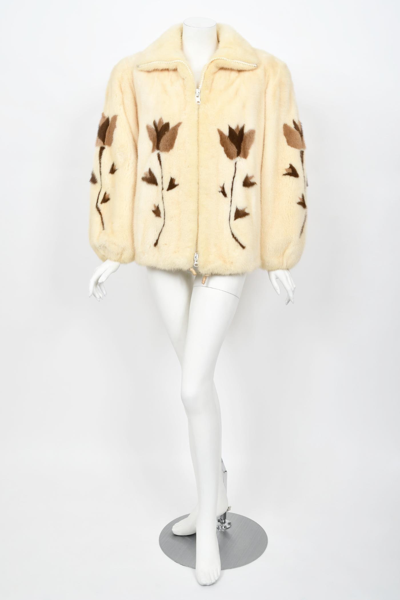 Veste en fourrure de vison imprimée « papillons et fleurs » Balenciaga Couture des années 1980 Bon état - En vente à Beverly Hills, CA