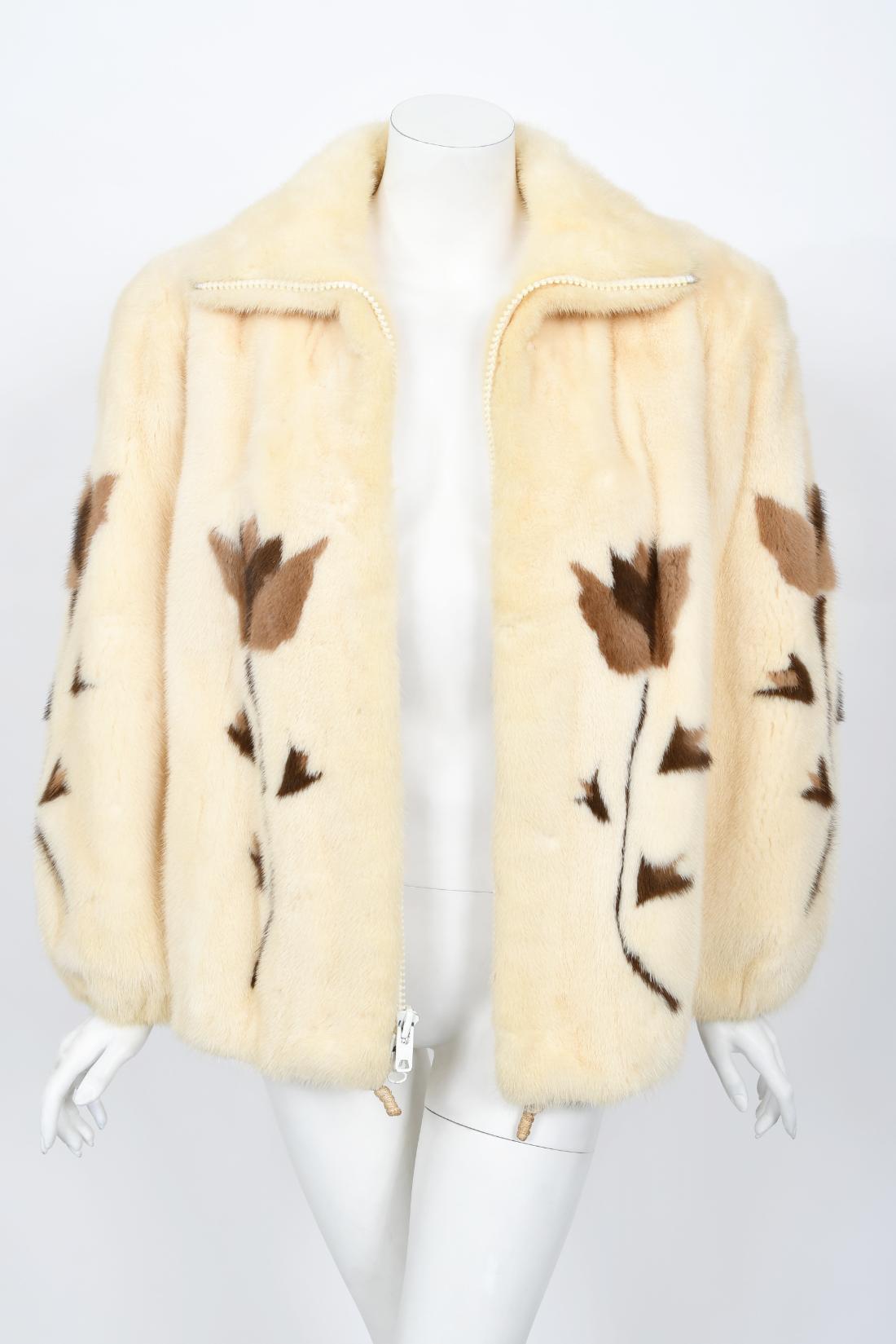 Vintage 1980s Balenciaga Couture 'Butterflies & Flowers' Printed Mink Fur Jacket For Sale 1