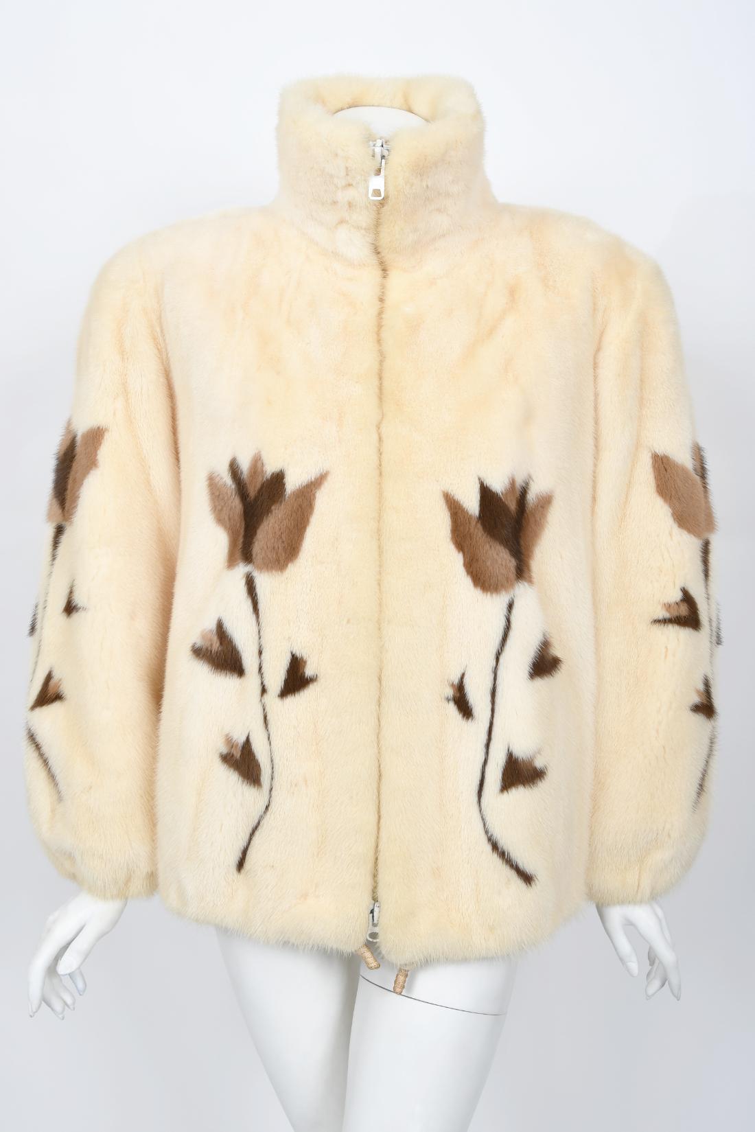 Veste en fourrure de vison imprimée « papillons et fleurs » Balenciaga Couture des années 1980 en vente 1