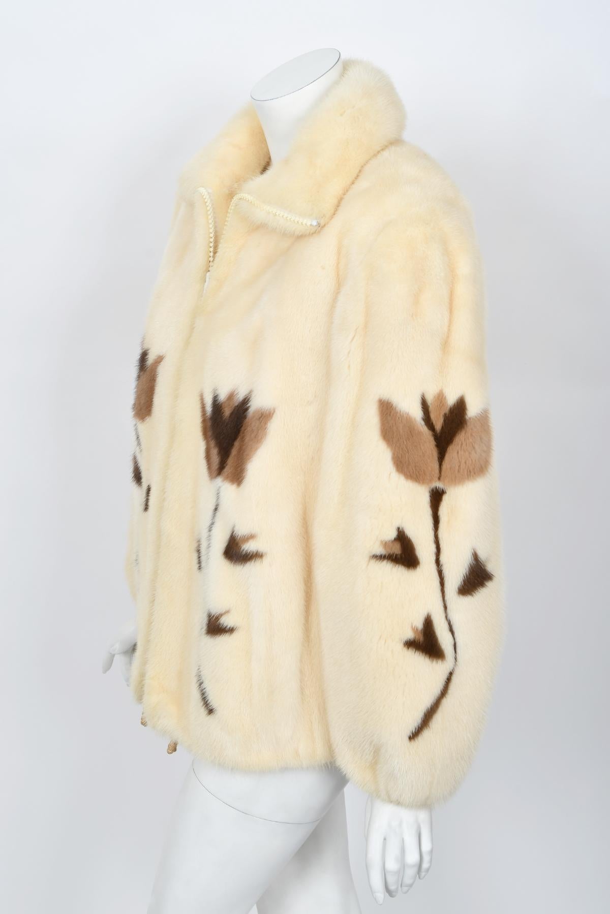 Veste en fourrure de vison imprimée « papillons et fleurs » Balenciaga Couture des années 1980 en vente 3