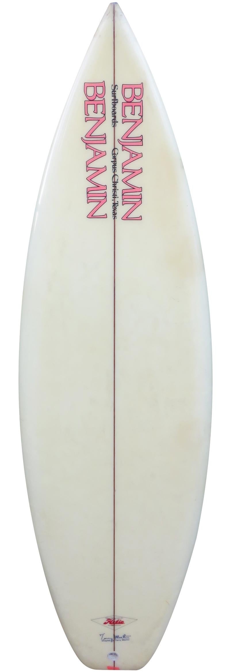 1980s vintage Benjamin thruster surfboard shaped by the late Terry Martin (1937-2012). Features a vibrant Martin 