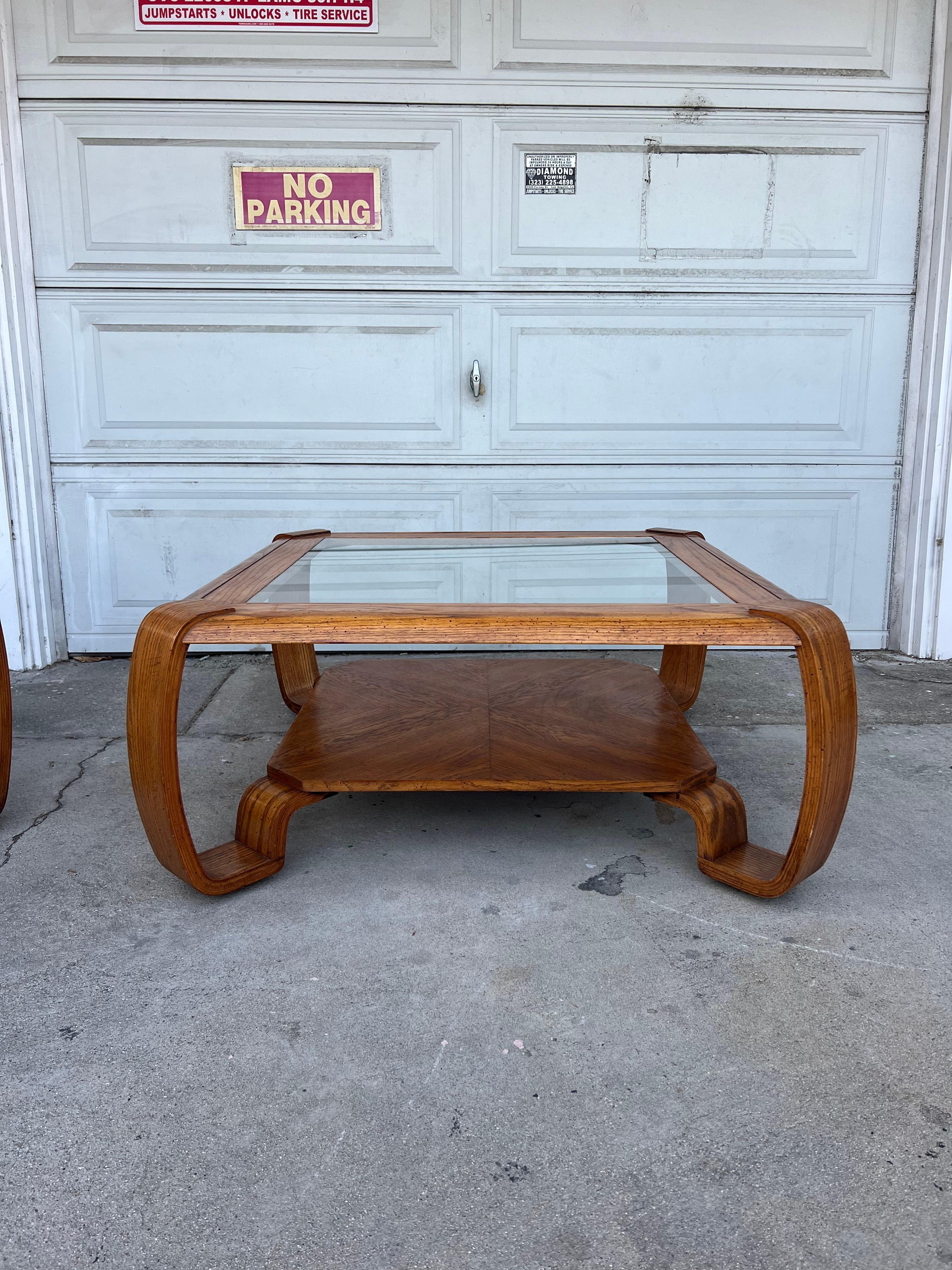 Vintage 1980s Bentwood Oak and Glass Coffee Table 2