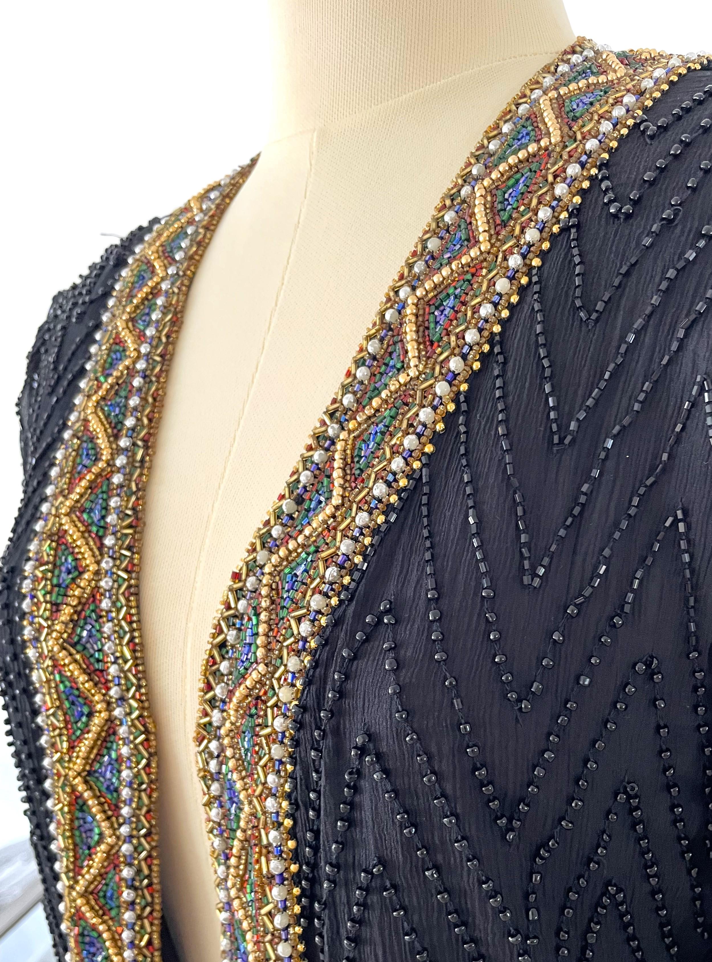 Vintage 1980s Black Beaded Silk Cocktail Evening Coat In Excellent Condition For Sale In 'S-HERTOGENBOSCH, NL