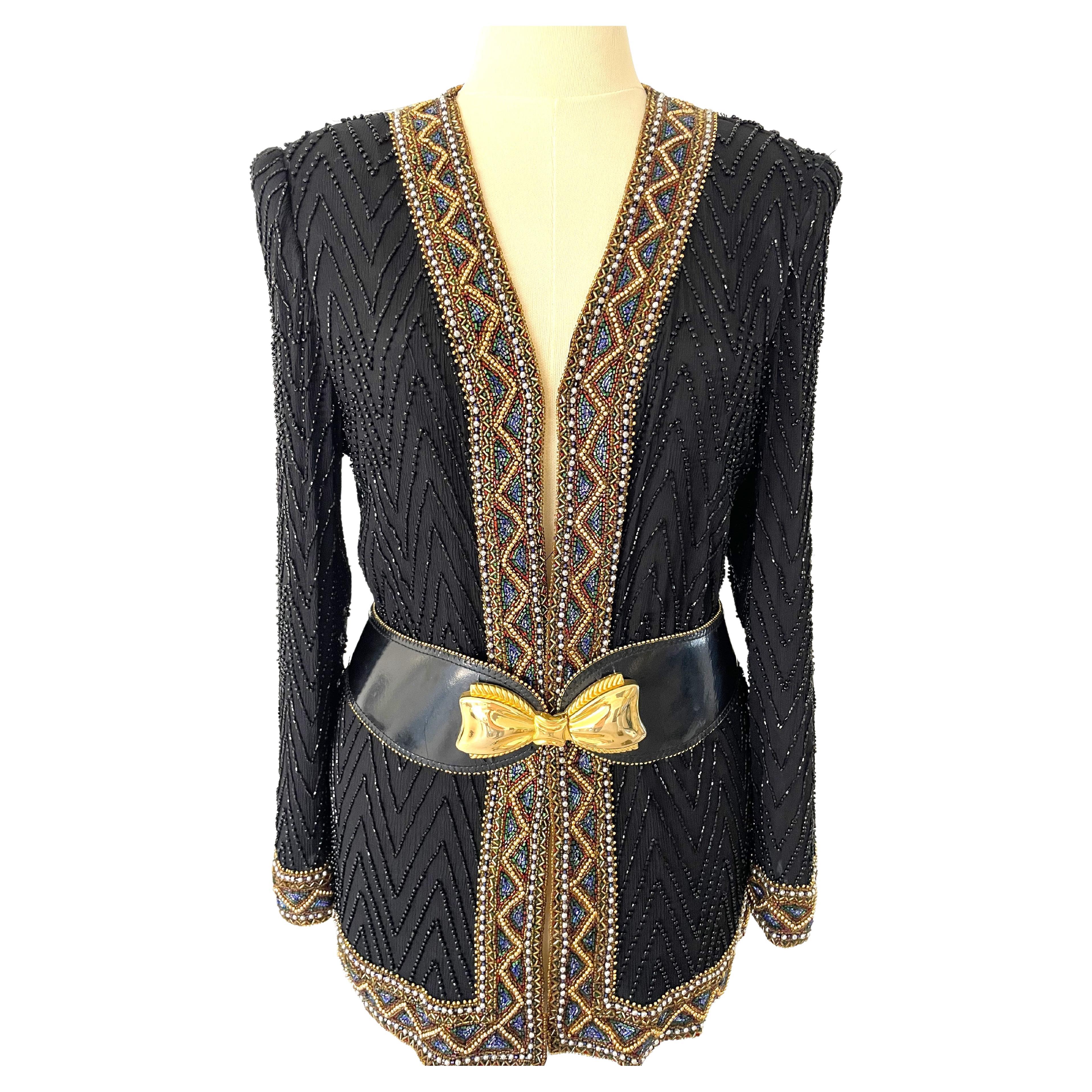 Vintage 1980s Black Beaded Silk Cocktail Evening Coat For Sale