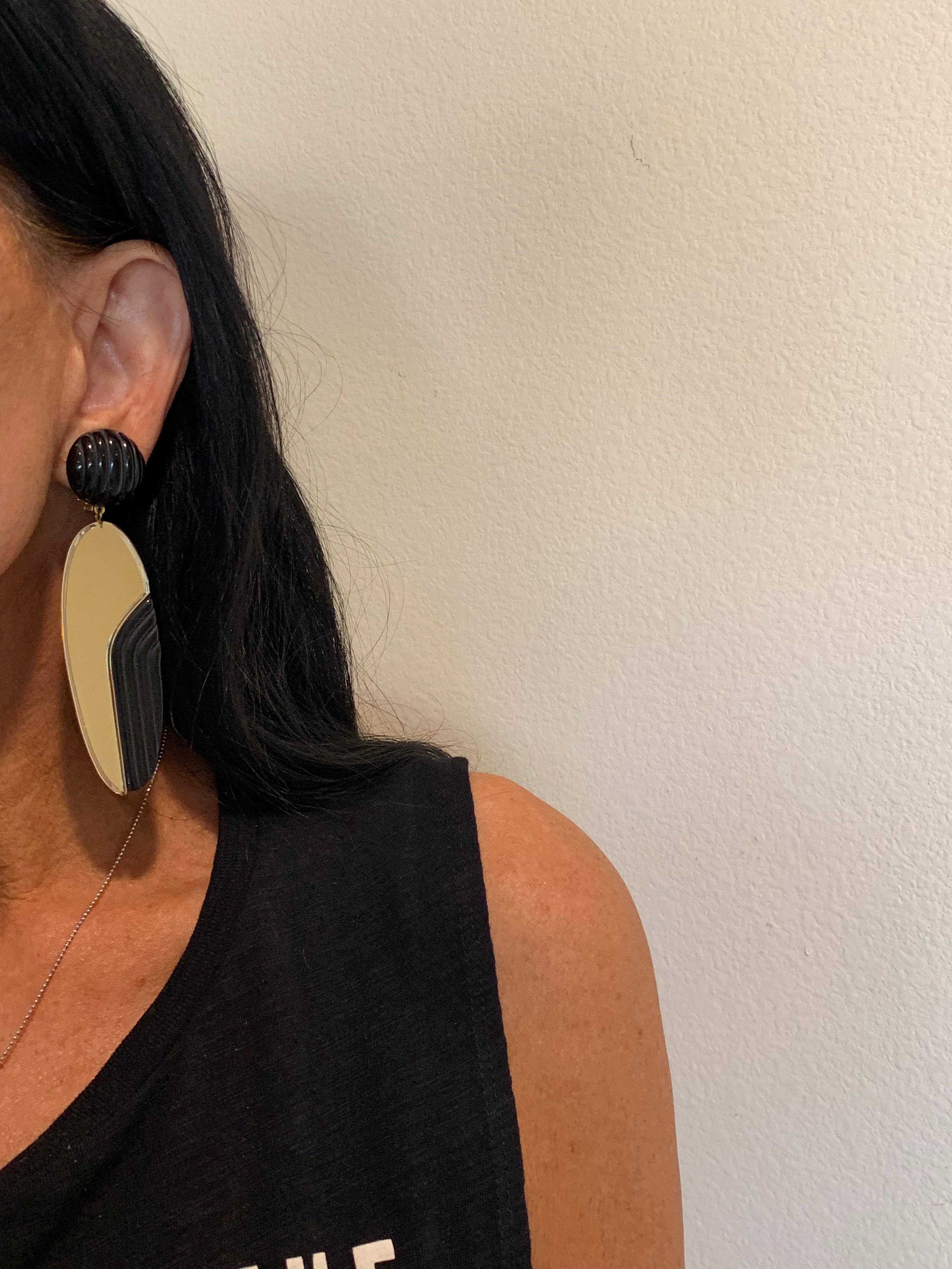 Women's Vintage 1980s Black Bronze Oversized Statement Earrings 