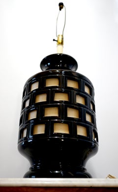 Vintage 1980s Black Ceramic Barrel Large Glaze Table Lamp