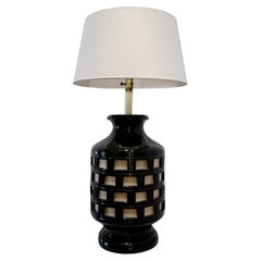 Vintage 1980s Black Ceramic Barrel Large Glaze Table Lamp