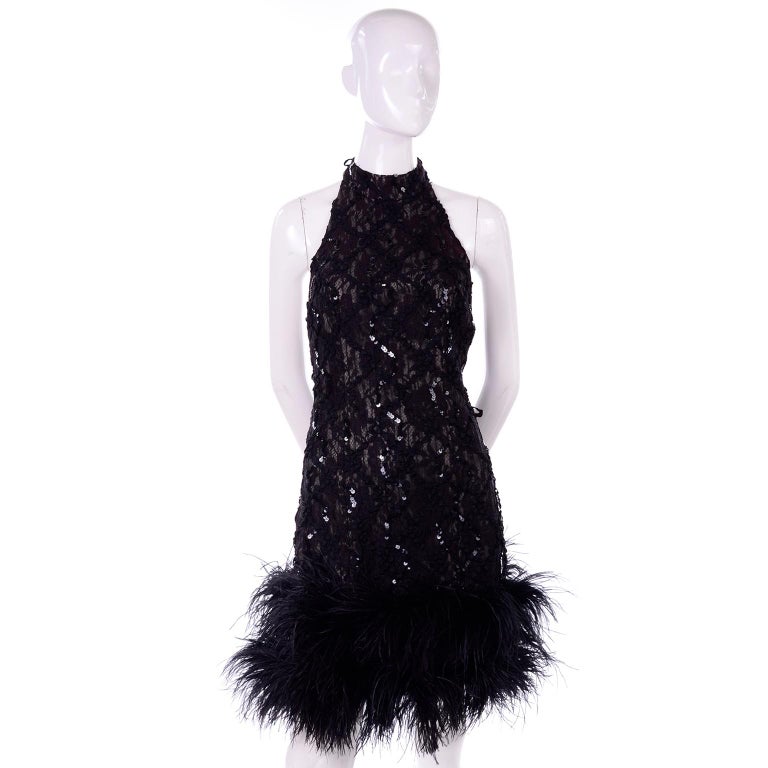 1980s Ady Couture Lausanne Black Lace & Sequin Black Dress w Dropped Full Skirt