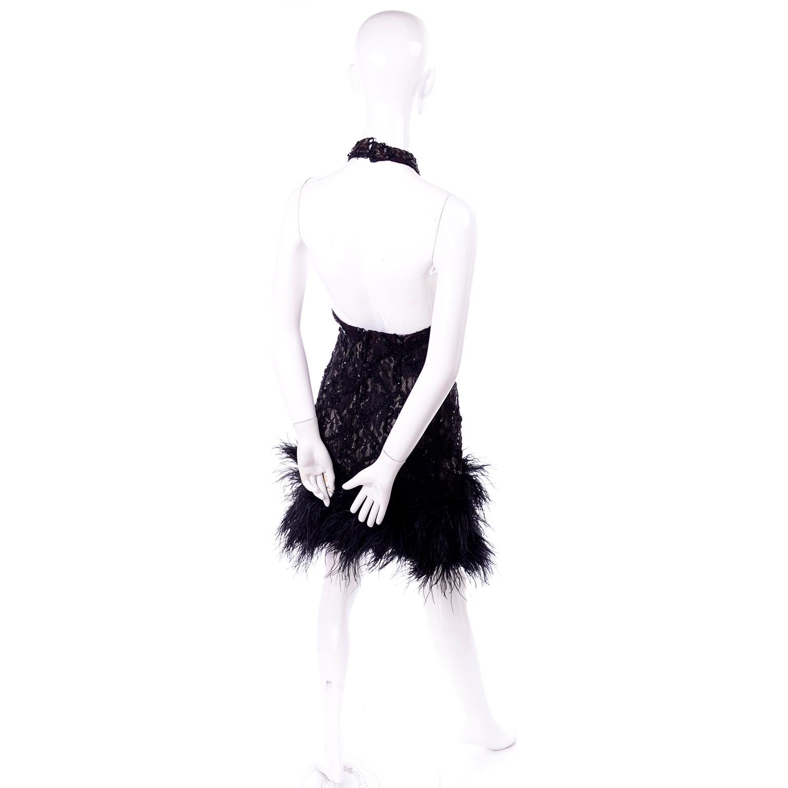 Women's Vintage 1980s Black Lace Sequin Halter Evening Dress w Feathers and Open Back