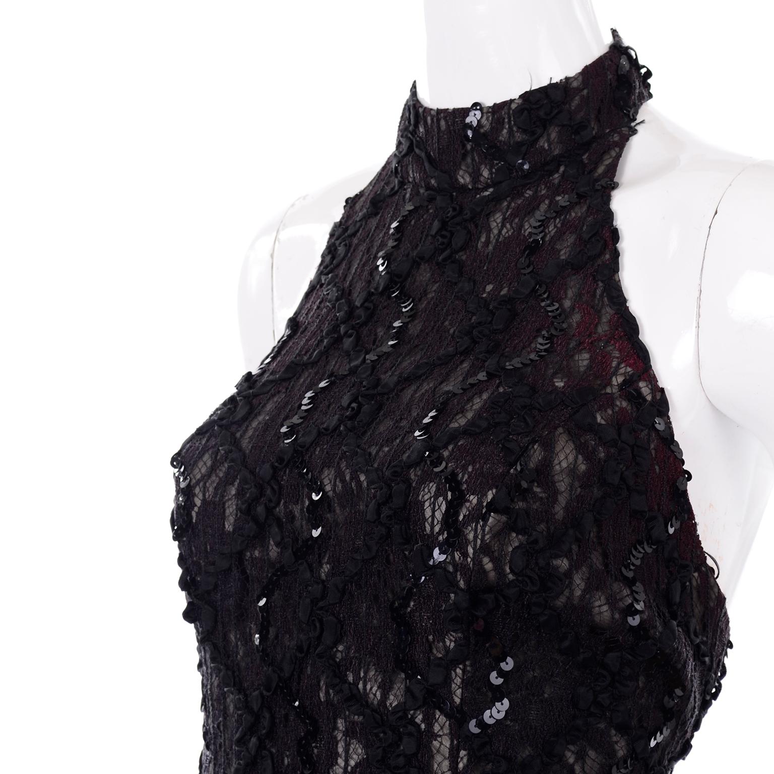 Vintage 1980s Black Lace Sequin Halter Evening Dress w Feathers and Open Back 1