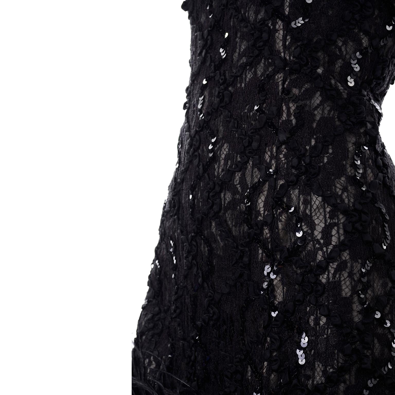 Vintage 1980s Black Lace Sequin Halter Evening Dress w Feathers and Open Back 3