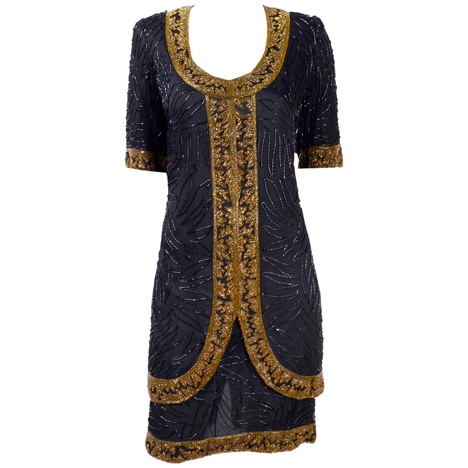 Vintage 1980s Black Silk Dress Heavily Beaded W Black & Gold Bronze Beads  For Sale