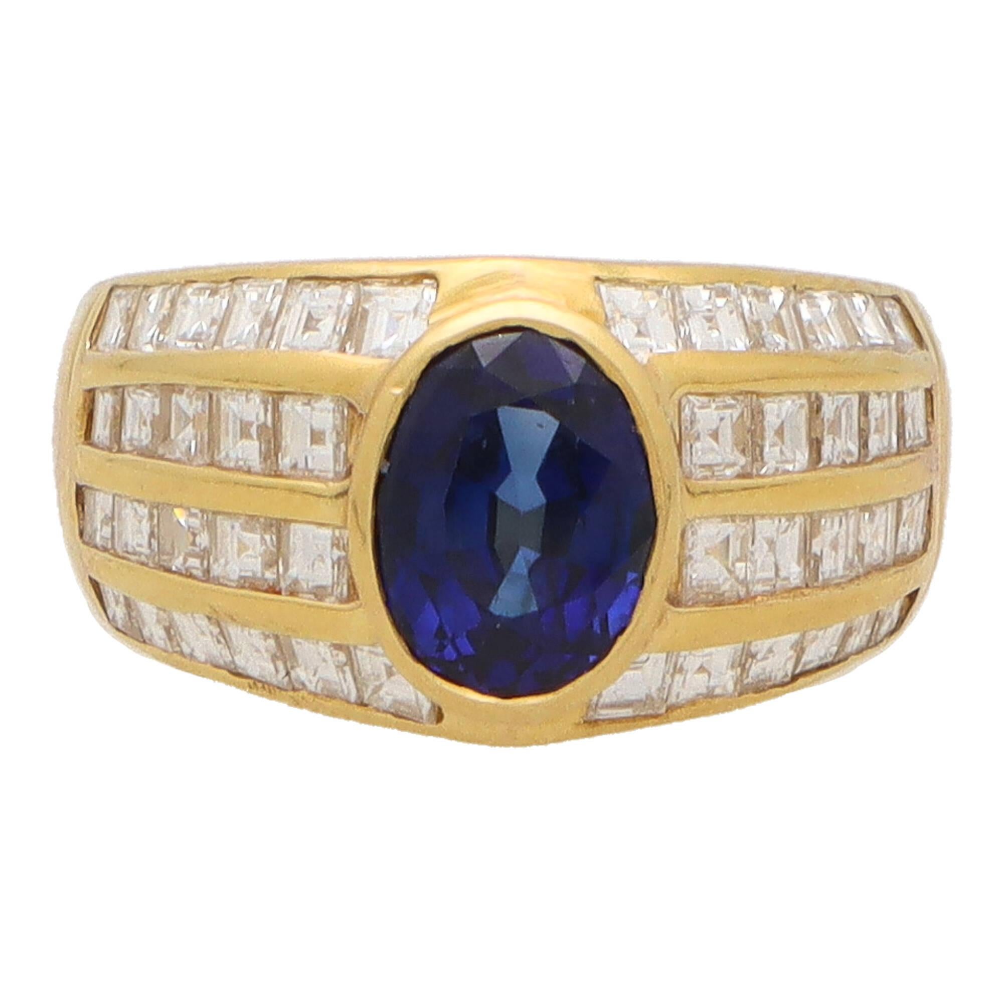 Oval Cut  Vintage 1980's Blue Sapphire and Diamond Dress Ring in 18k Yellow Gold For Sale