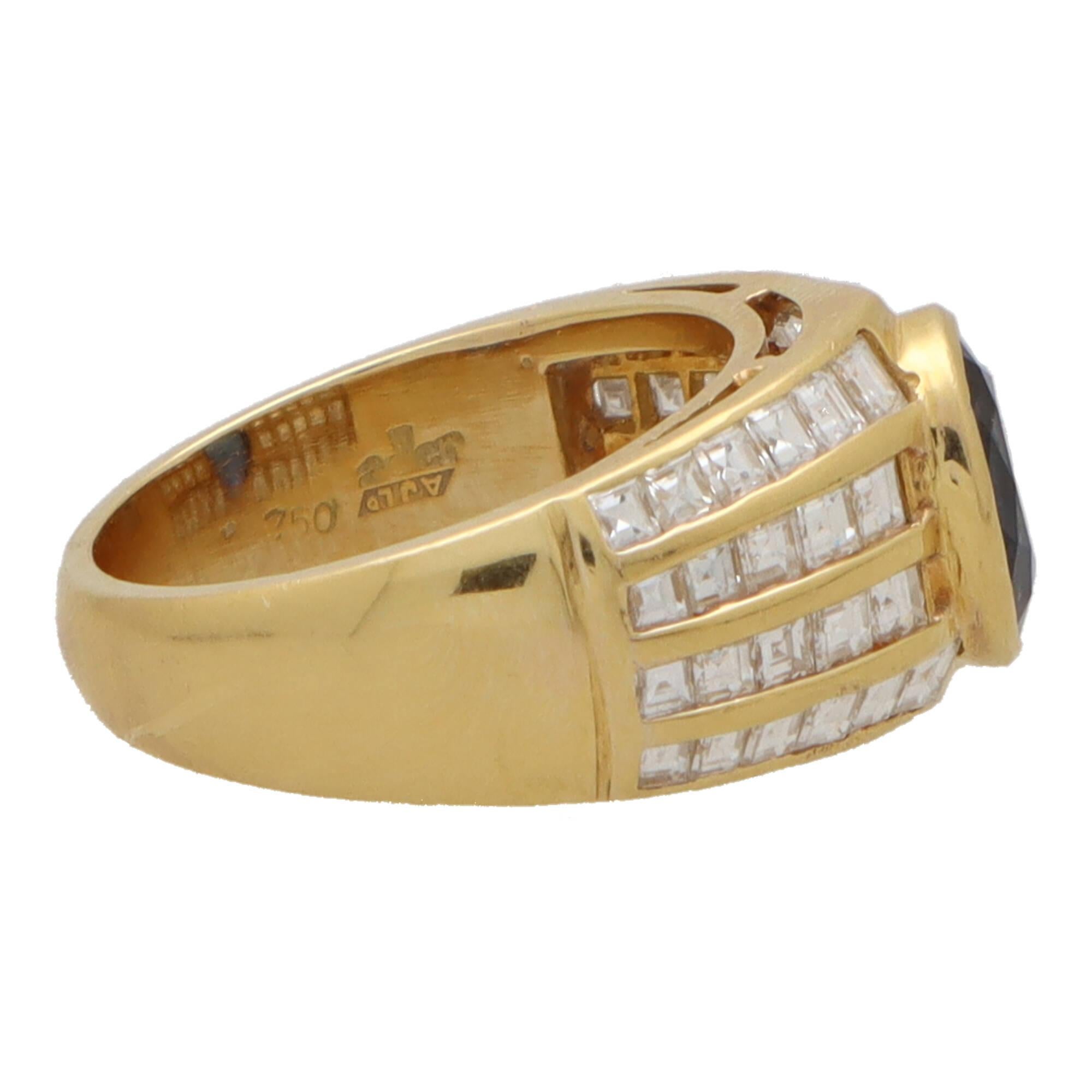 Vintage 1980's Blue Sapphire and Diamond Dress Ring in 18k Yellow Gold In Excellent Condition In London, GB
