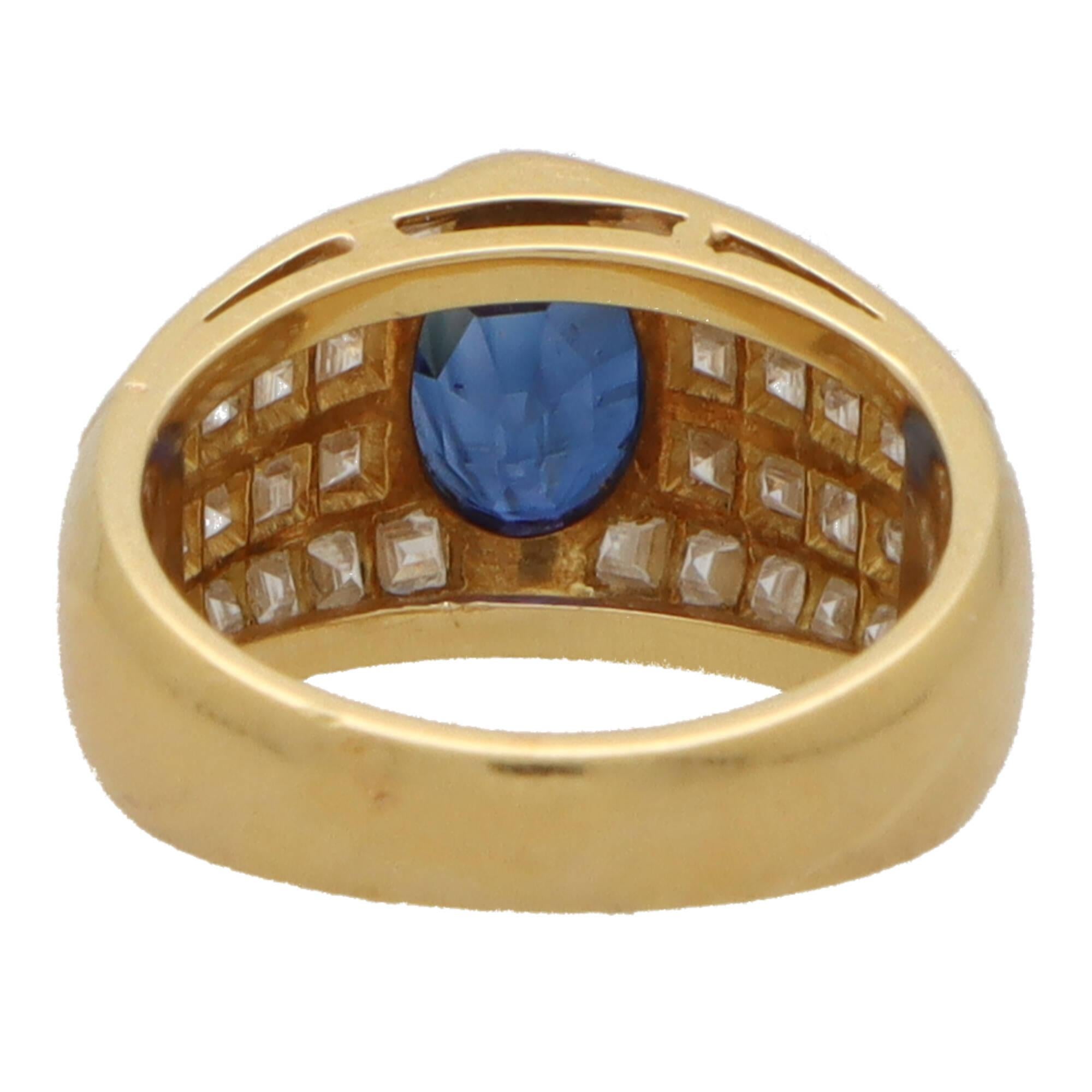 Women's or Men's  Vintage 1980's Blue Sapphire and Diamond Dress Ring in 18k Yellow Gold For Sale