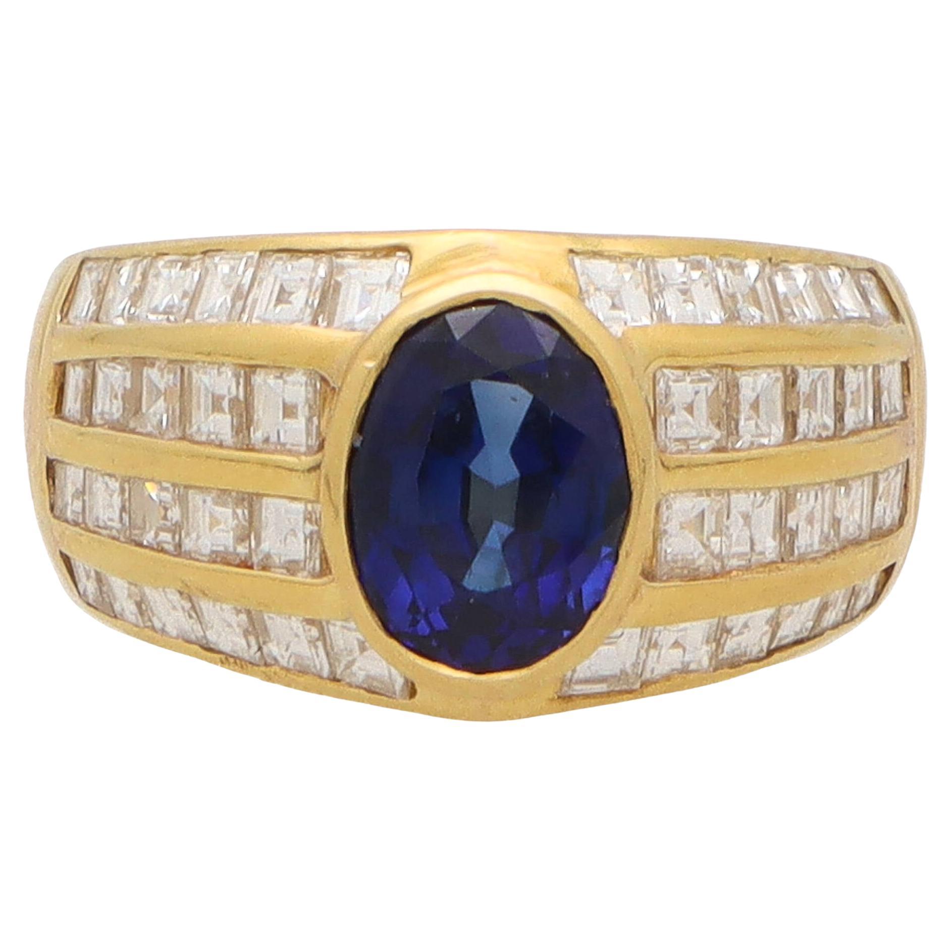 Vintage 1980's Blue Sapphire and Diamond Dress Ring in 18k Yellow Gold For Sale