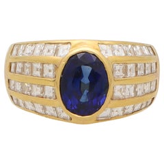 Vintage 1980's Blue Sapphire and Diamond Dress Ring in 18k Yellow Gold