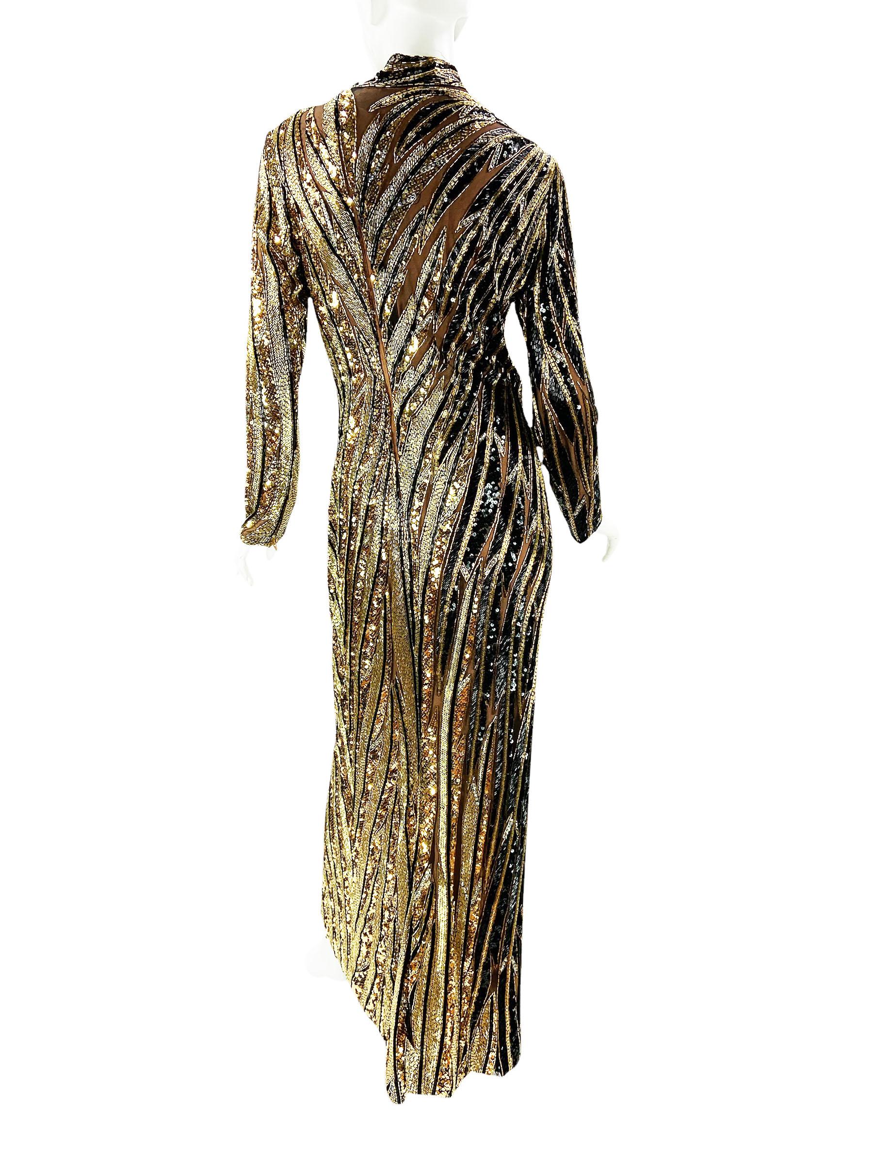 Vintage 1980's Bob Mackie Black Gold Fully Beaded Dress Gown For Sale 6