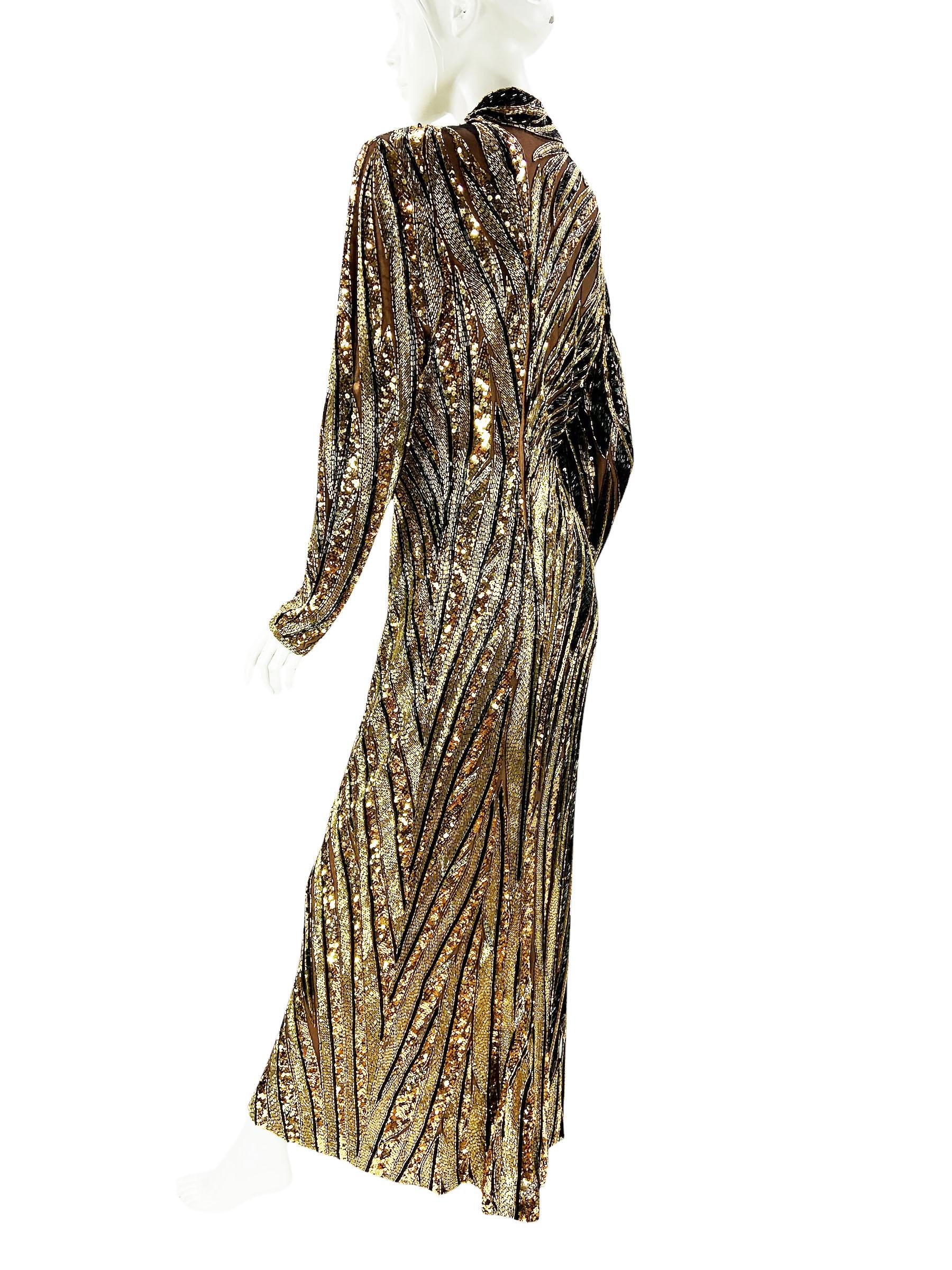 Vintage 1980's Bob Mackie Black Gold Fully Beaded Dress Gown For Sale 7