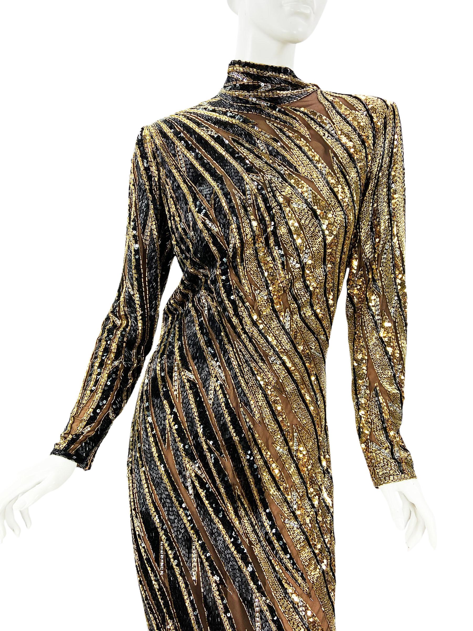 Vintage 1980's Bob Mackie Black Gold Fully Beaded Dress Gown In Excellent Condition For Sale In Montgomery, TX
