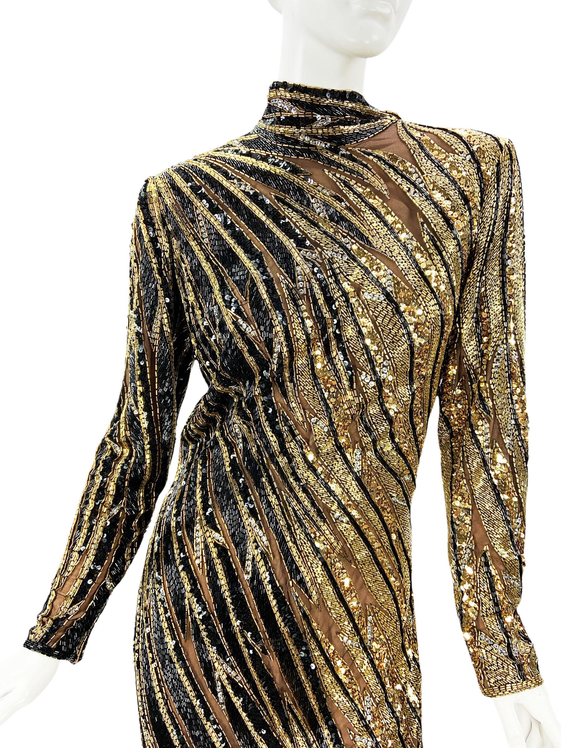Women's Vintage 1980's Bob Mackie Black Gold Fully Beaded Dress Gown For Sale