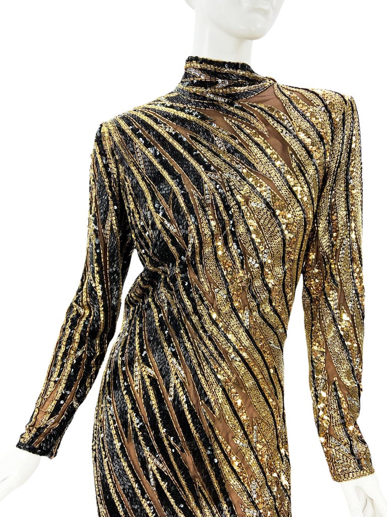 Vintage 1980's Bob Mackie Black Gold Fully Beaded Dress Gown For Sale at  1stDibs