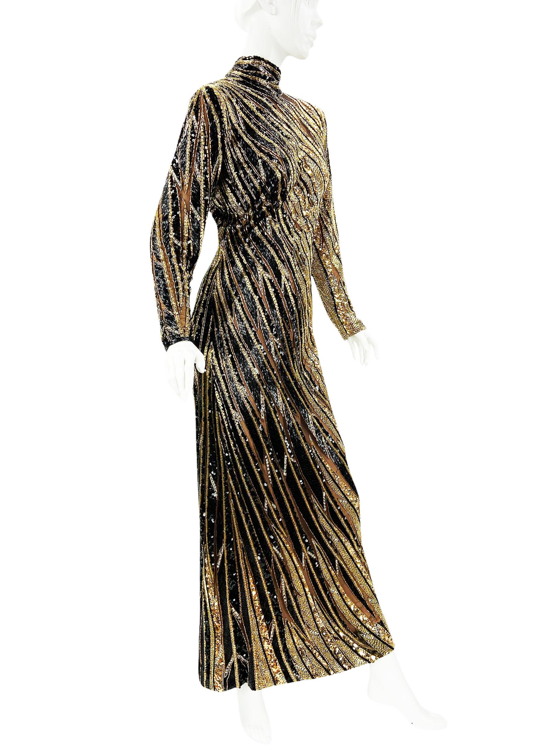 Vintage 1980's Bob Mackie Black Gold Fully Beaded Dress Gown For Sale 1
