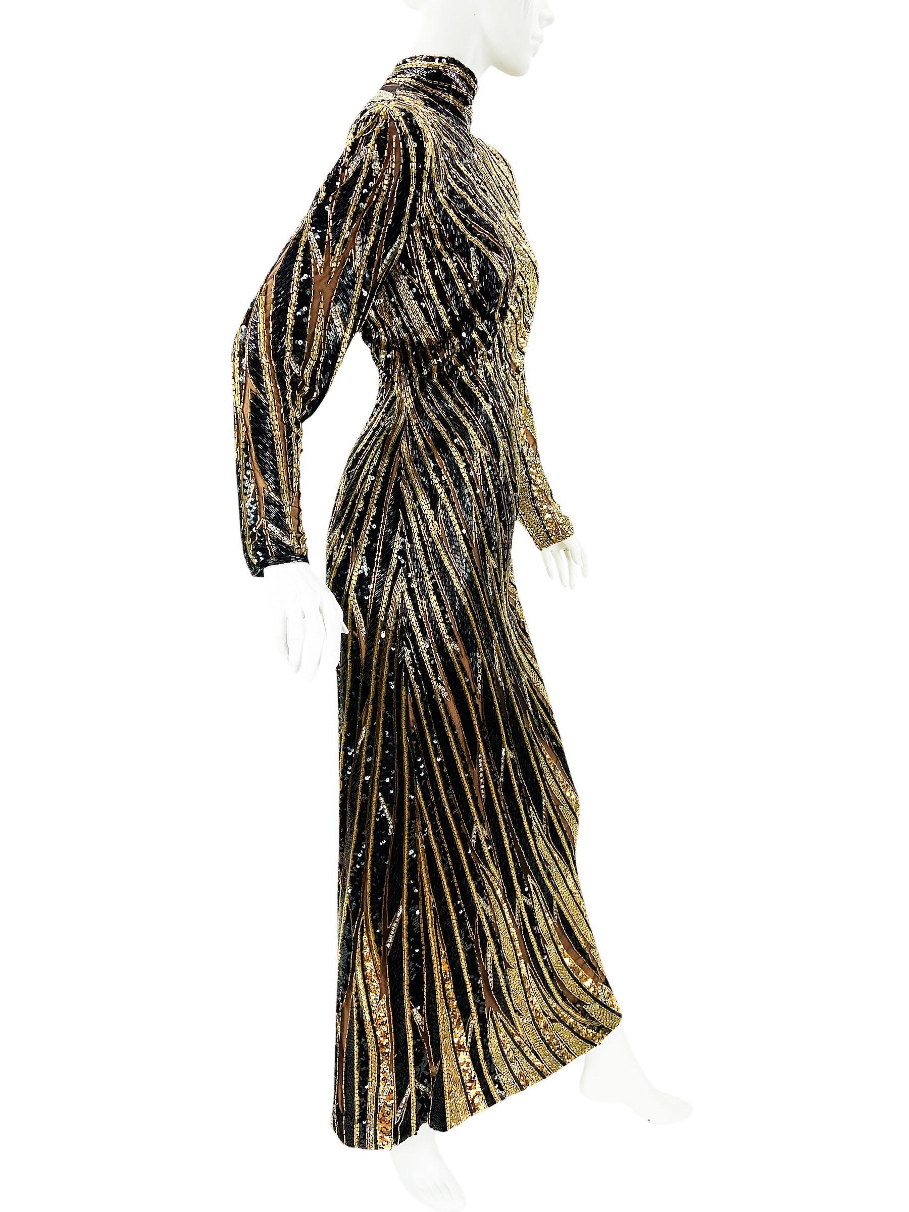 Vintage 1980's Bob Mackie Black Gold Fully Beaded Dress Gown For Sale 2
