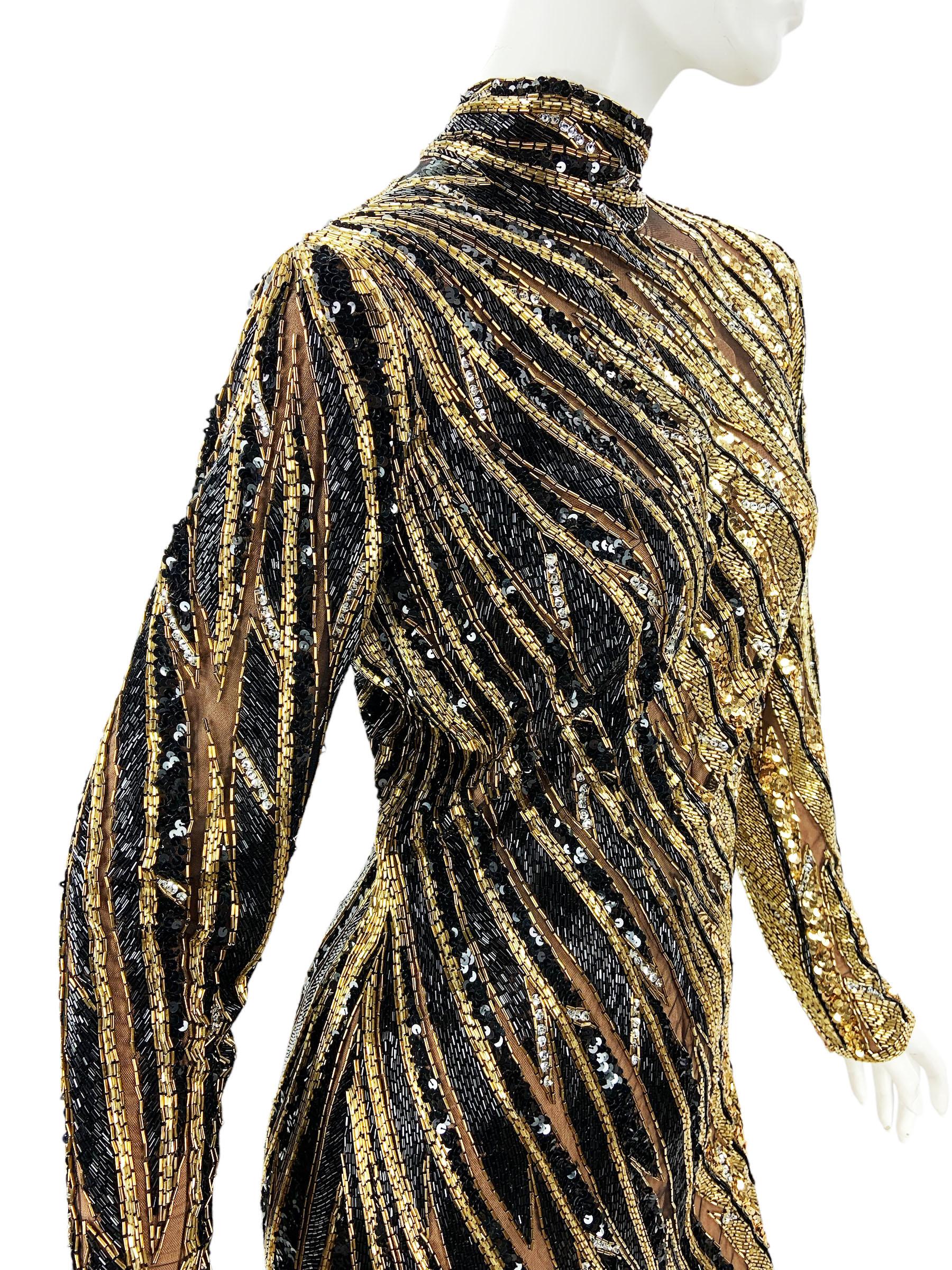 Vintage 1980's Bob Mackie Black Gold Fully Beaded Dress Gown For Sale 3