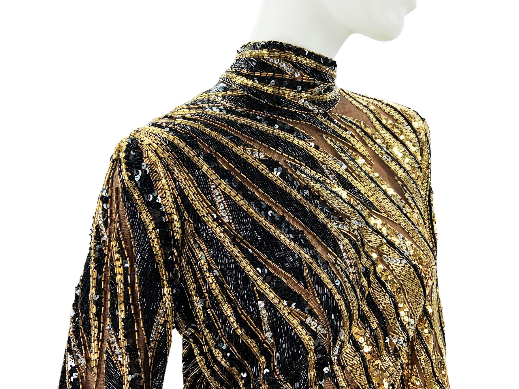 Vintage 1980's Bob Mackie Black Gold Fully Beaded Dress Gown For Sale 4