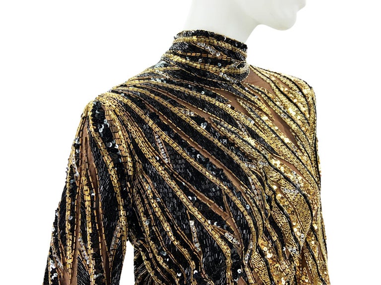 slim fit dress slacks 1970s Bob Mackie Gold Beaded Silk Disco Fringed Mini Cocktail Dress main image 1
