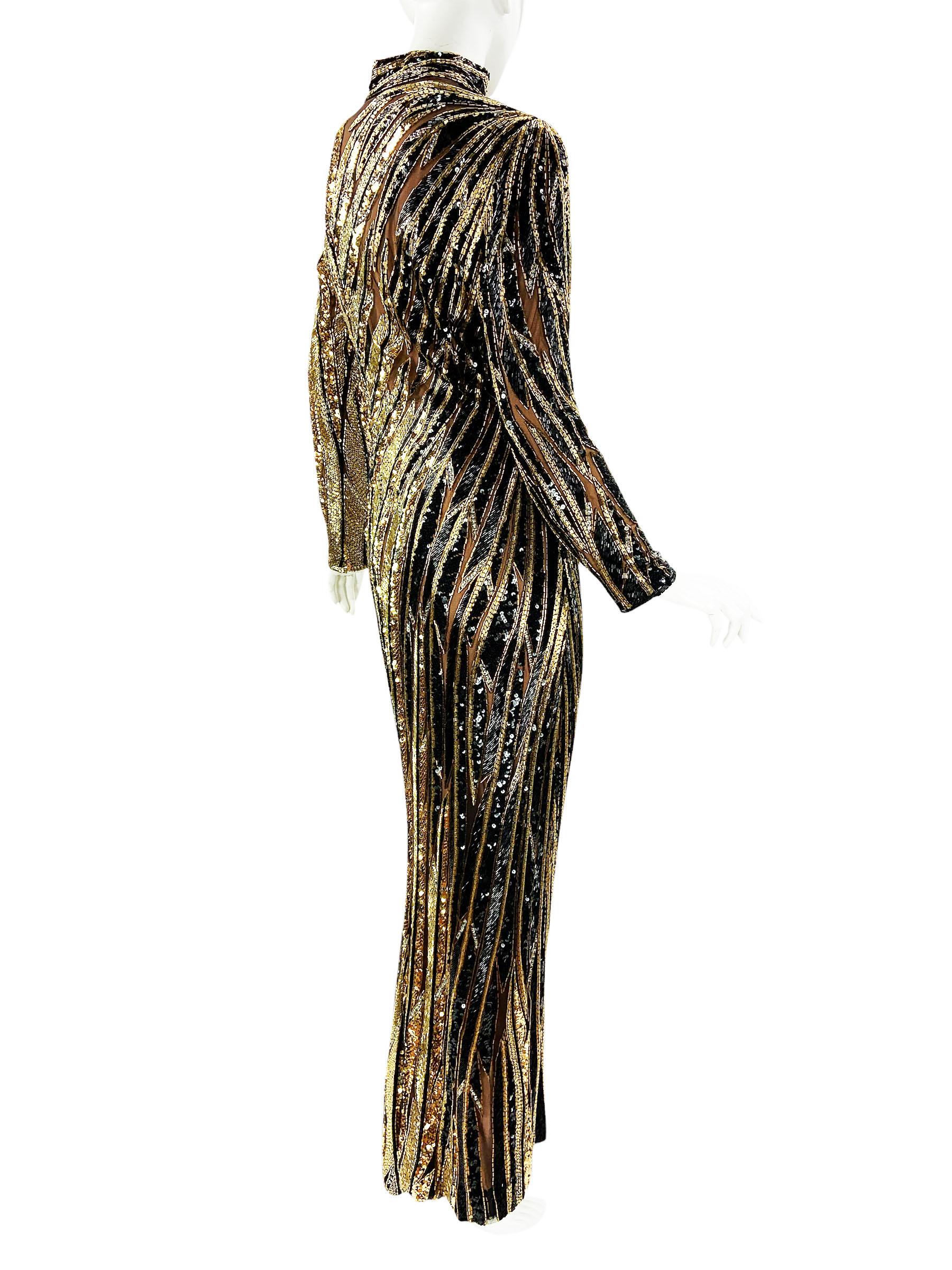 Vintage 1980's Bob Mackie Black Gold Fully Beaded Dress Gown For Sale 5