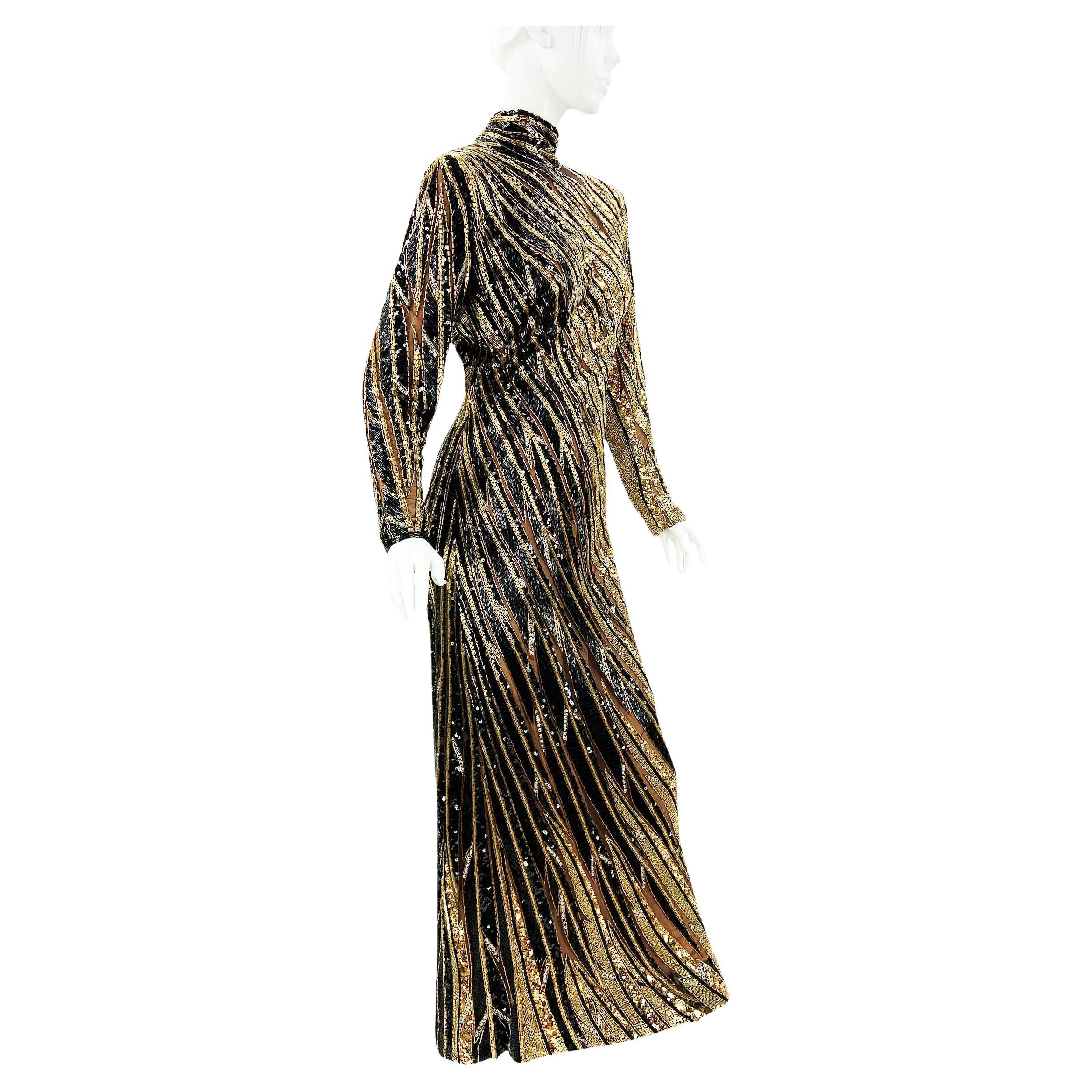 Vintage 1980's Bob Mackie Black Gold Fully Beaded Dress Gown For Sale