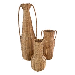 Vintage 1980s Boho Korb Vasen, Satz von 3