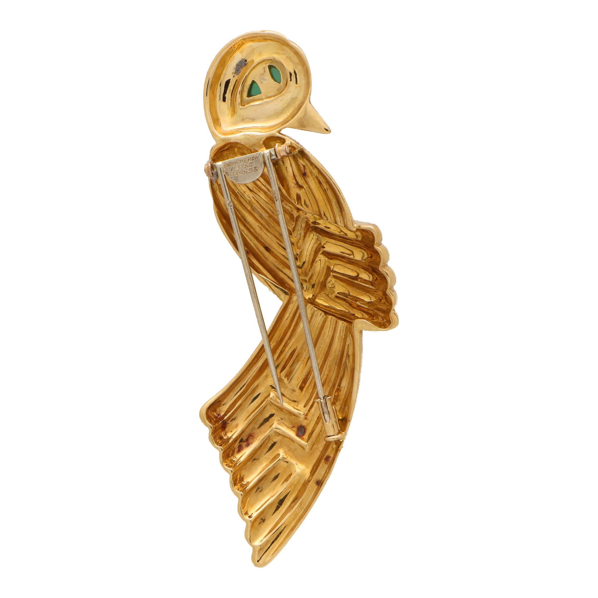 A beautiful early 1980’s Boucheron bird brooch set in 18k yellow gold.

This striking design depicts a perching bird and is composed of panels of polished yellow gold. The grooves in the body of the bird are magnificent and create a beautiful effect