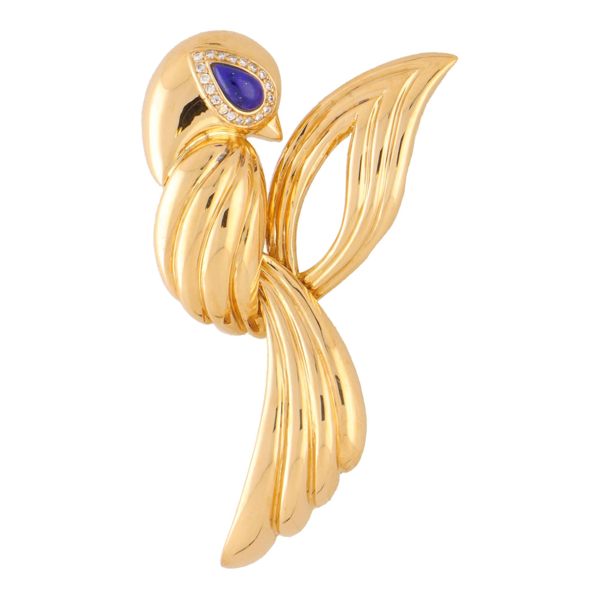 Cabochon Vintage 1980's Boucheron Lapis and Diamond Bird Brooch in Yellow Gold For Sale