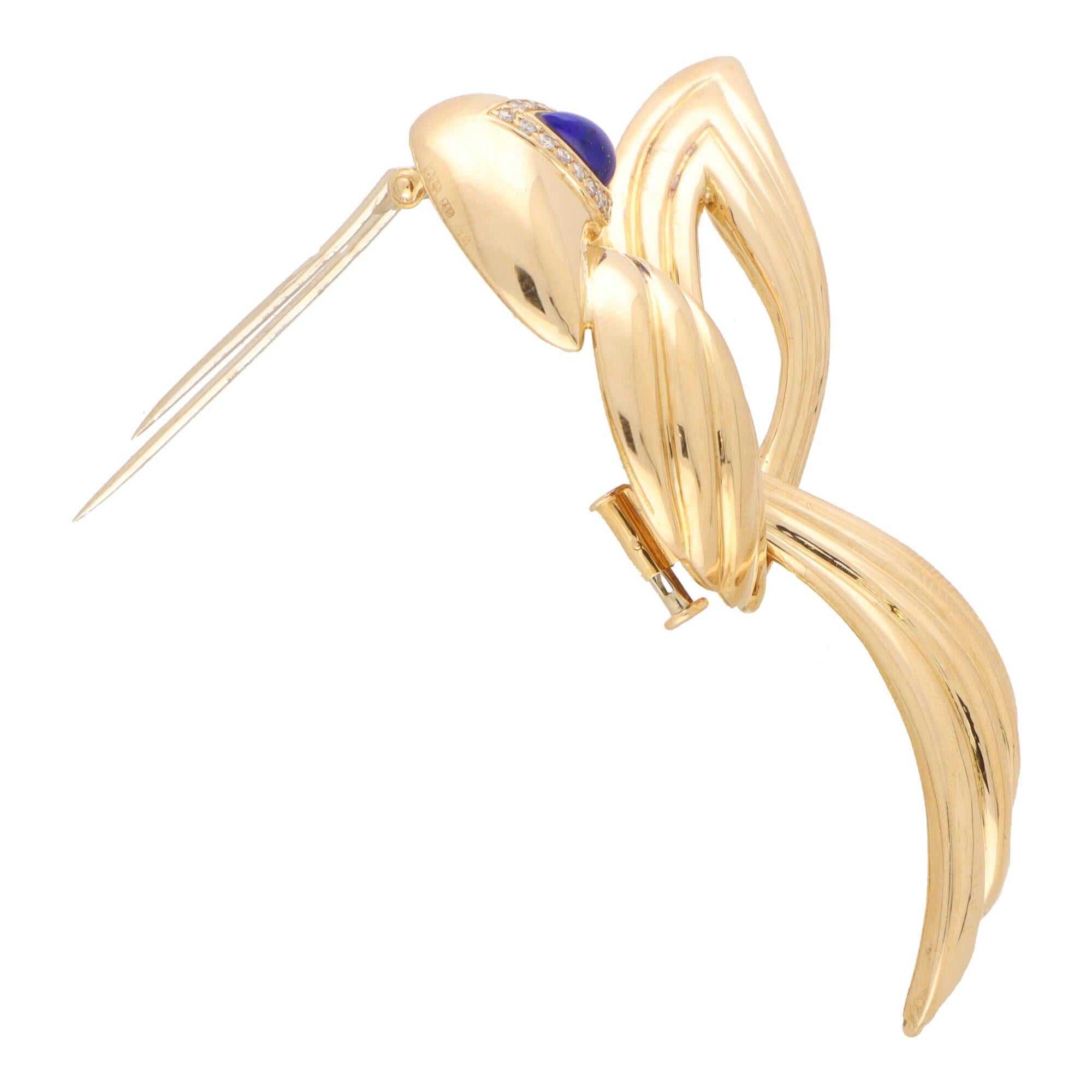Women's or Men's Vintage 1980's Boucheron Lapis and Diamond Bird Brooch in Yellow Gold For Sale