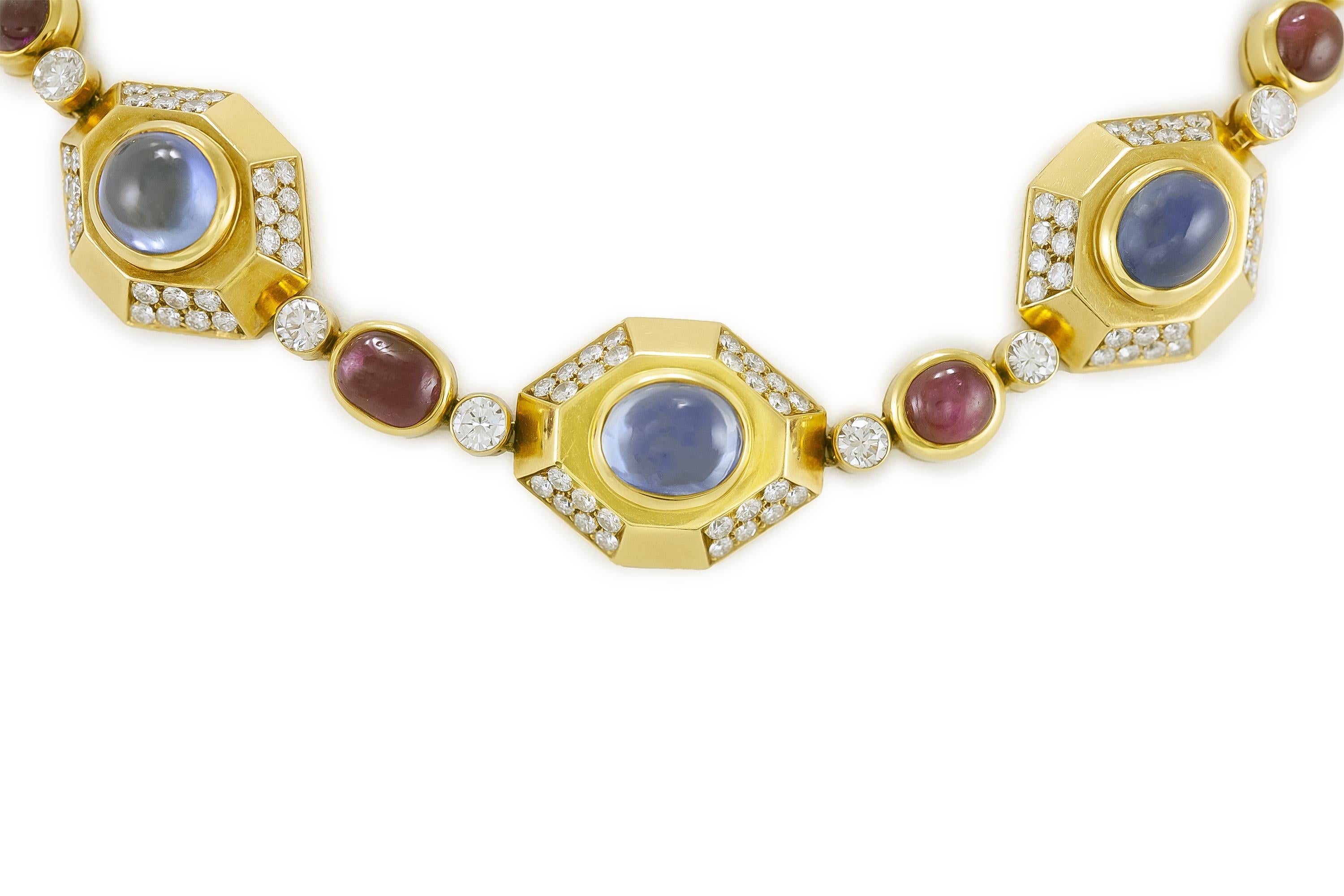 Collar Bvlgari vintage de los años 80 con cabujones de zafiro y rubí con diamantes Cabujón en venta
