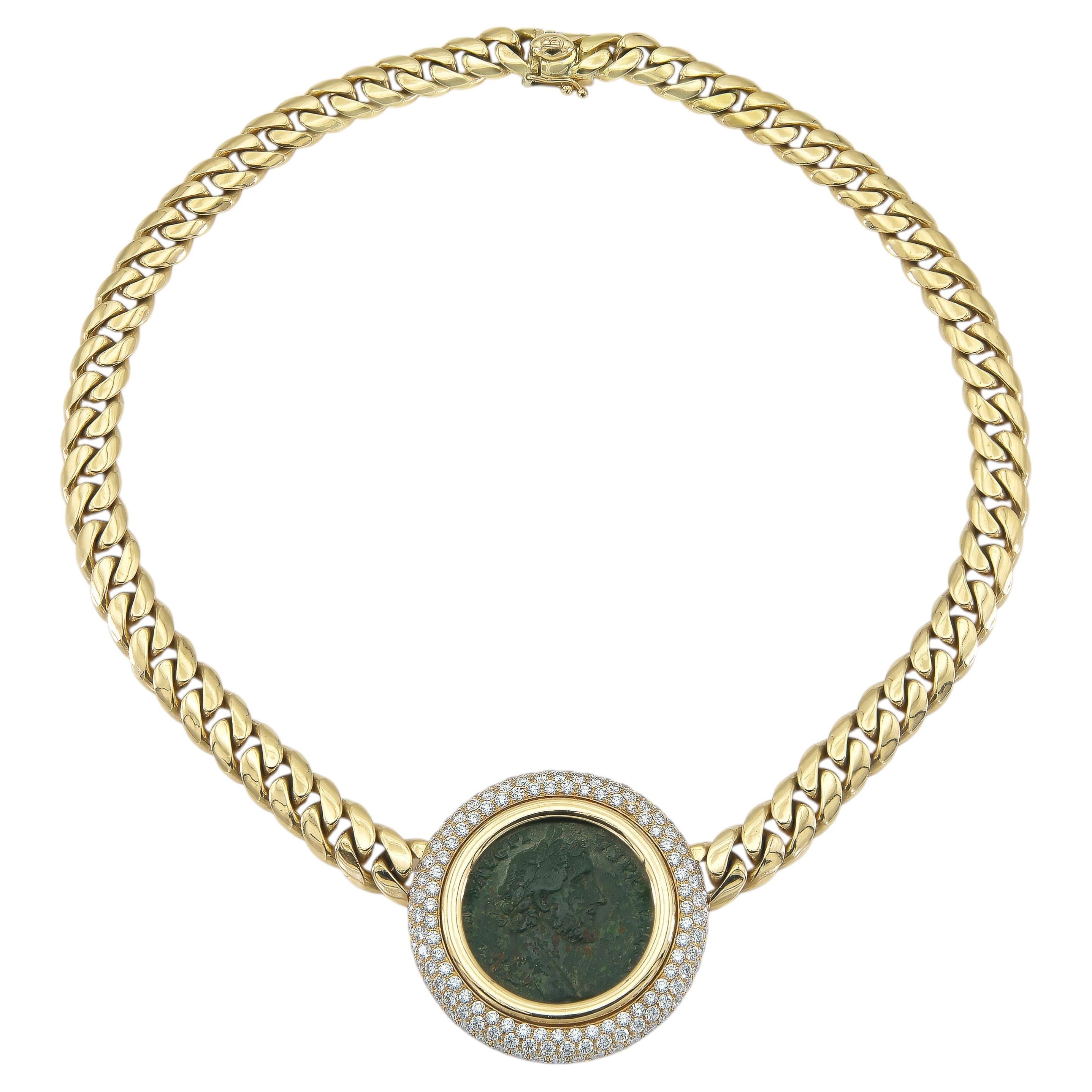 Vintage 1980s Bvlgari Moneta Roman Coin Necklace with Diamonds