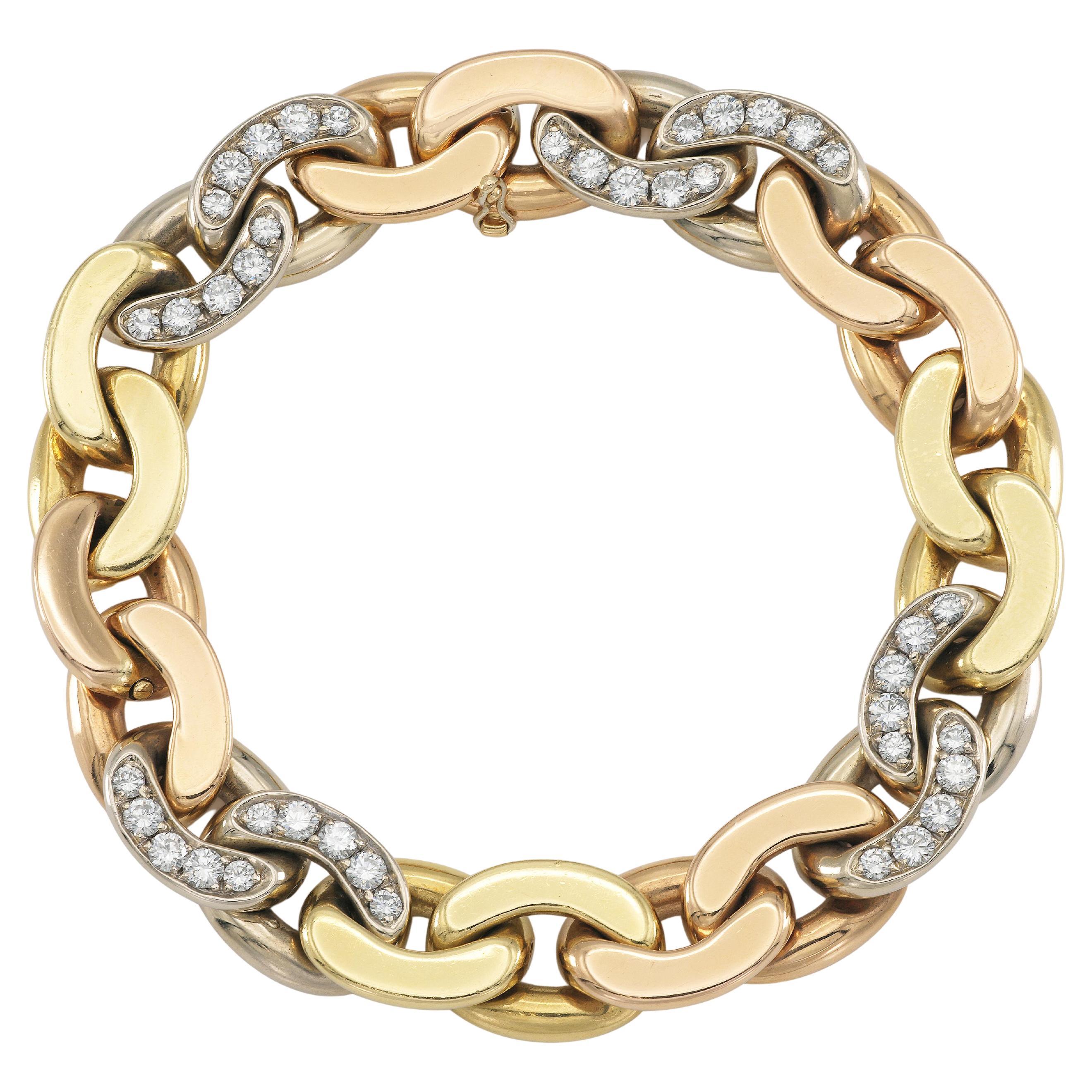 Vintage 1980s Bvlgari Tri-Tone Curb Link Bracelet with Diamonds