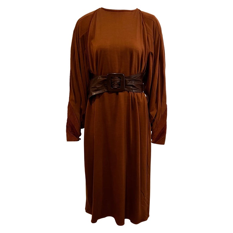 Vintage 1980's Callaghan wool jersey dress with corduroy detail and leather  belt For Sale at 1stDibs
