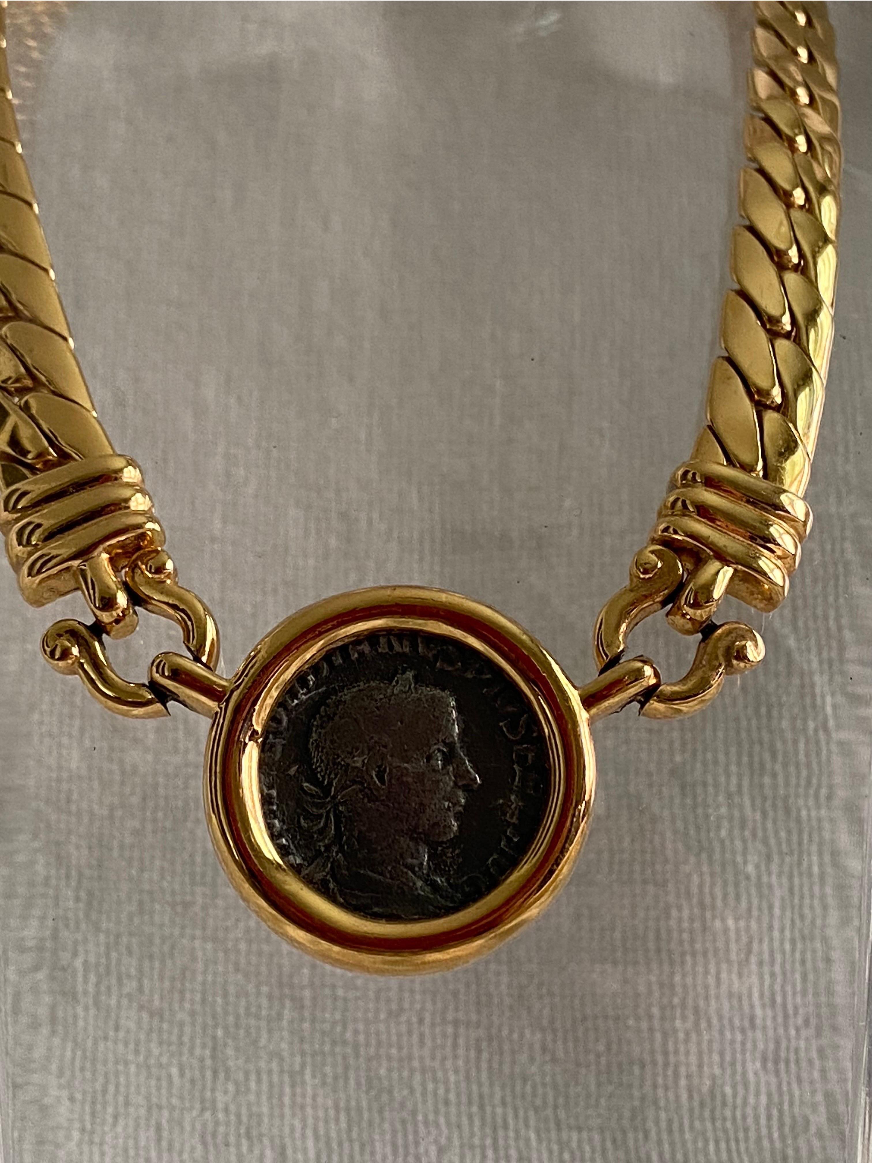 20th Century Vintage 1980’s Carolee Omega Gold Tone Necklace Choker with Faux Roman Coin