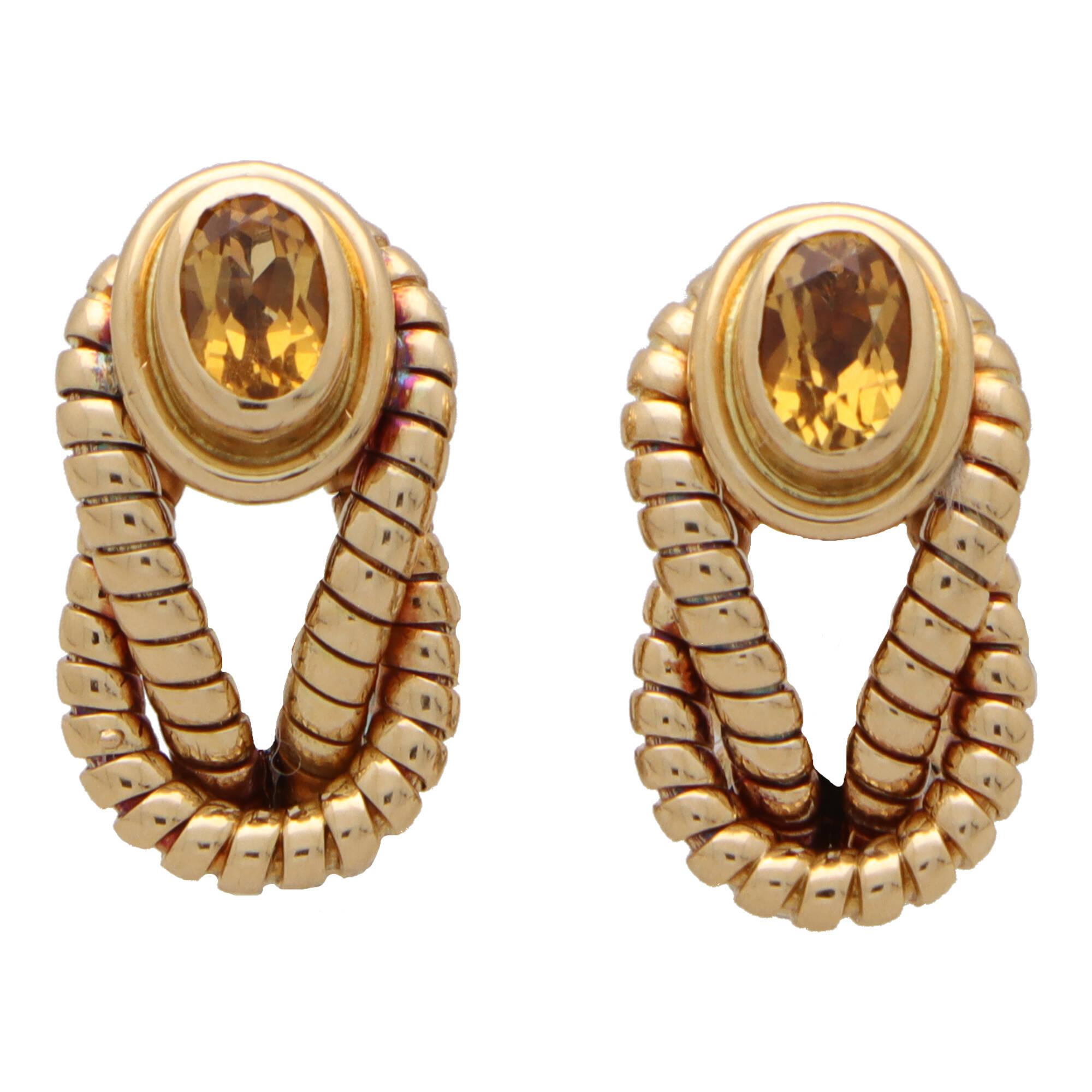 Retro Vintage 1980s Cartier 'Hercules Knot' Citrine Earrings in 18k Gold and Steel For Sale
