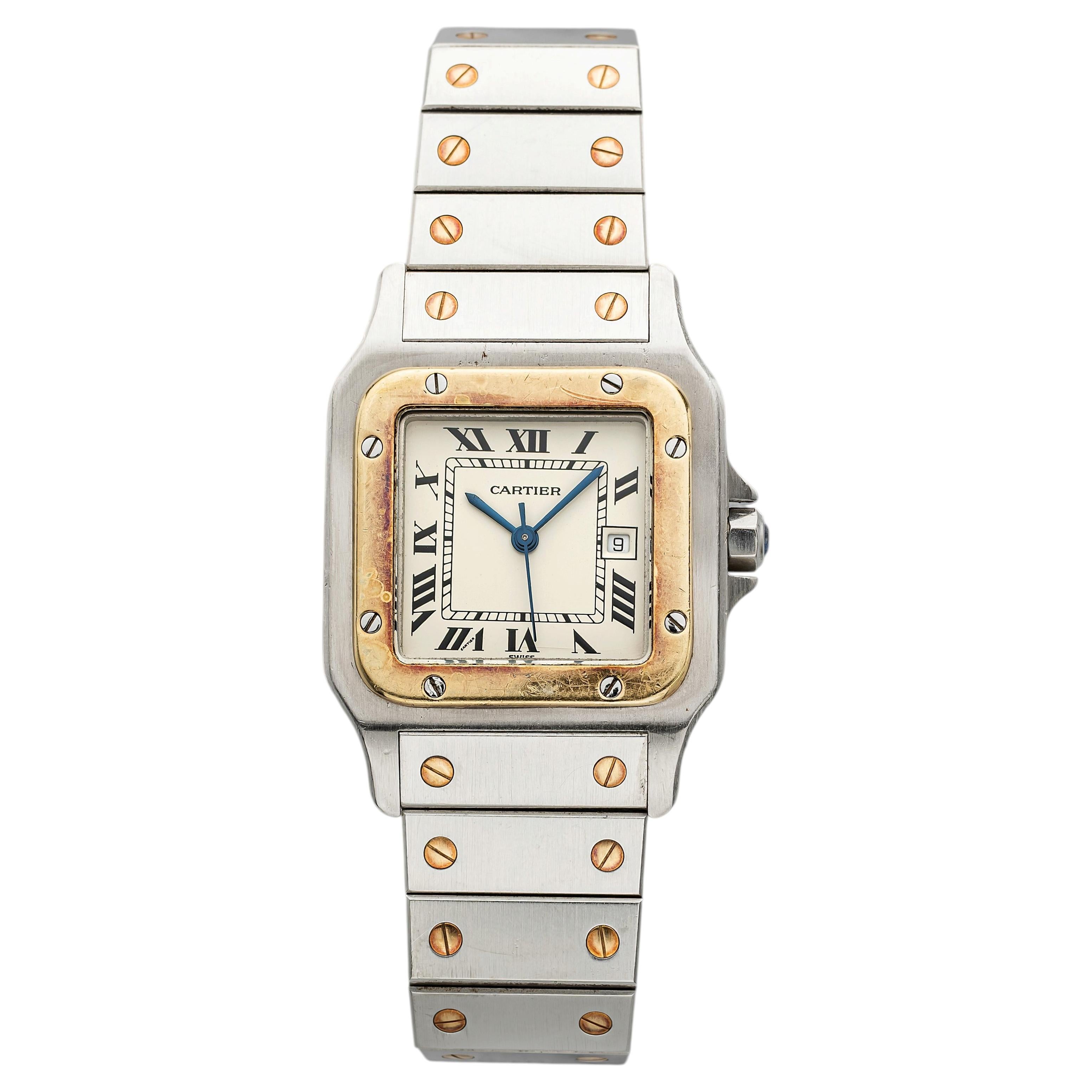 Vintage 1980s Cartier Santos 2961 Two-Tone White Roman Dial Auto 29mm For Sale