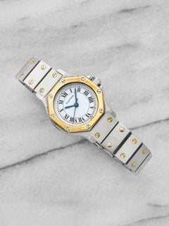 Vintage 1980s Cartier Santos Octagon 0907 Two Tone White Roman Dial Auto 25mm