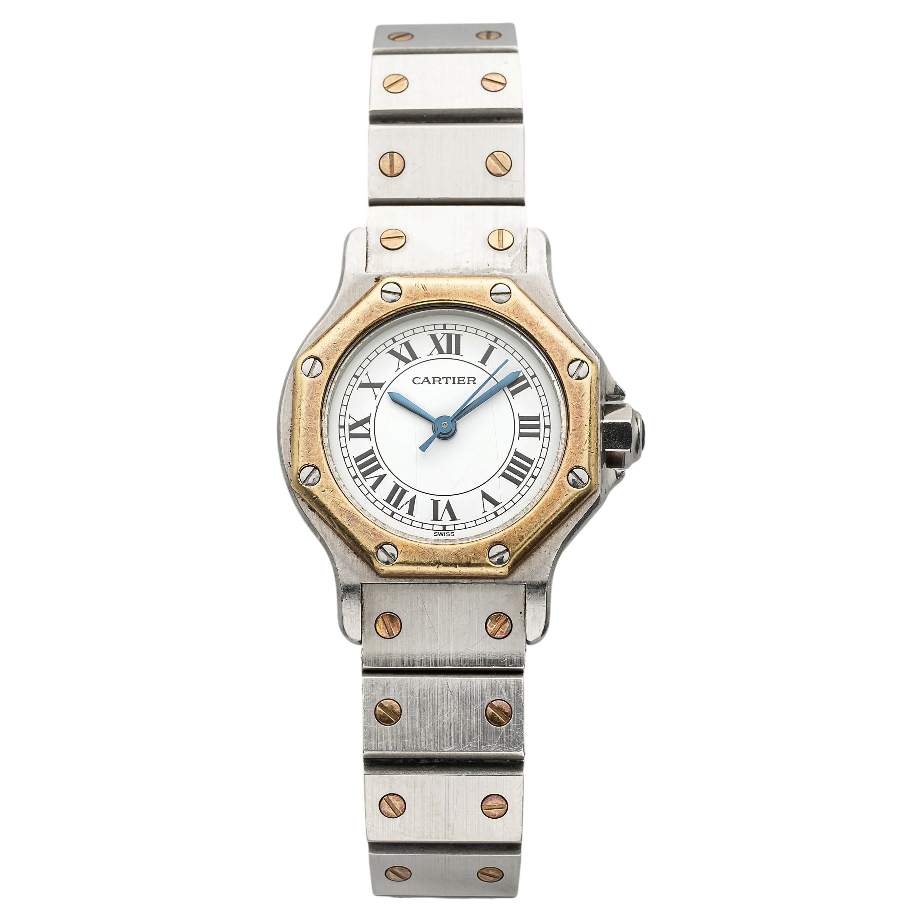 Vintage 1980s Cartier Santos Octagon 0907 Two-Tone White Roman Dial Auto 25mm